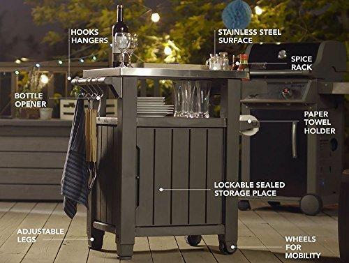 Keter Unity Mesa Portátil para Exterior y Gabinete de Almacenamiento con Ganchos para Accesorios de Parrilla - Superficie de Acero Inoxidable para Isla de Cocina o Carro de Bar en Patio, Marrón Espresso