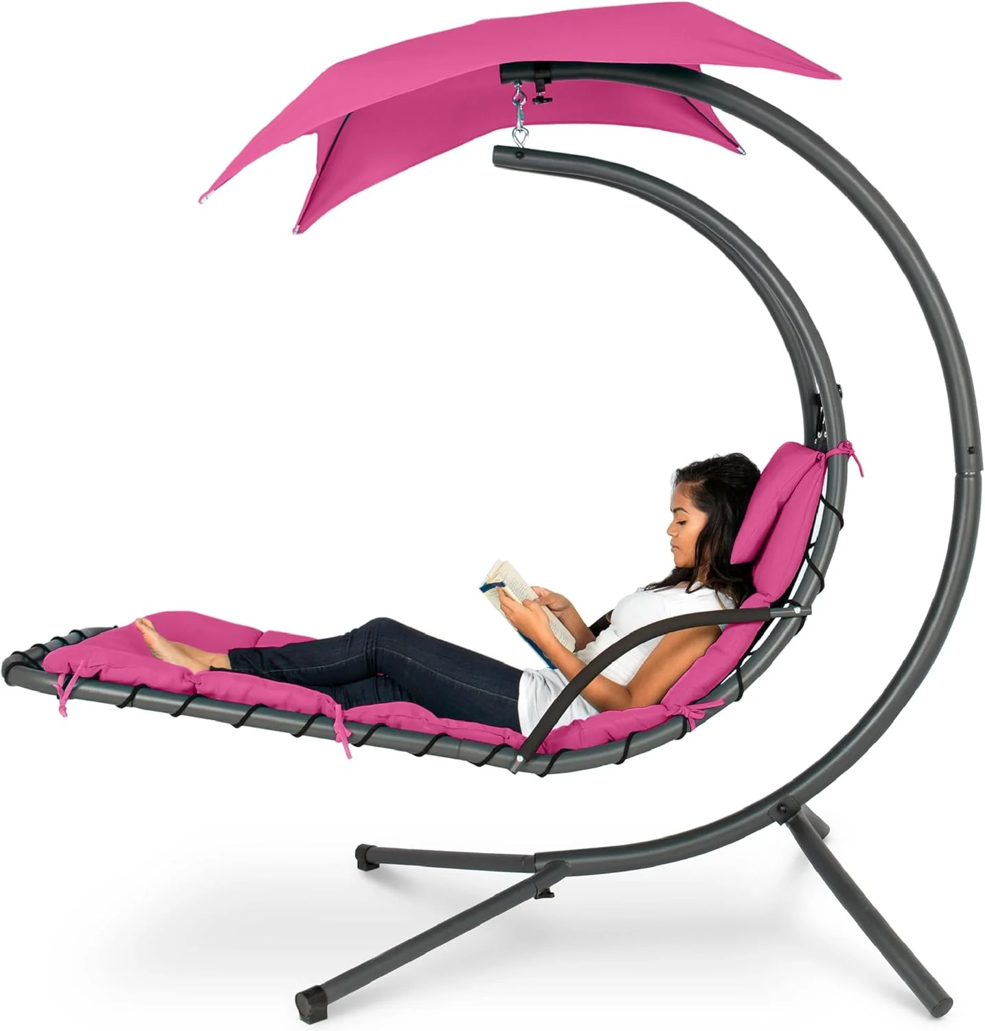 Chaise Longue Suspendue de Exterior Best Choice Products – Silla Balancín Curvada de Acero con Cojín Integrado y Toldo Desmontable – Gris Carbón