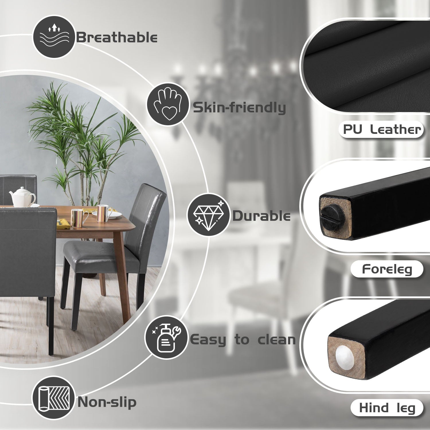 2025 Set de 4 Sillas de Comedor Lacoo Estilo Urbano con Asiento de Cuero PU y Patas de Madera, Color Negro