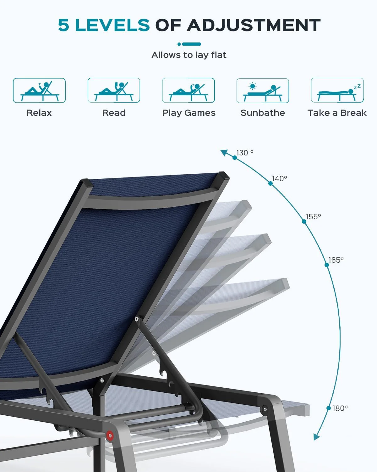 Tumbona de Aluminio para Exterior – Silla de Jardín Plegable sin Montaje, con Respaldo Ajustable en 5 Posiciones, para Terraza, Piscina, Playa – Negra
