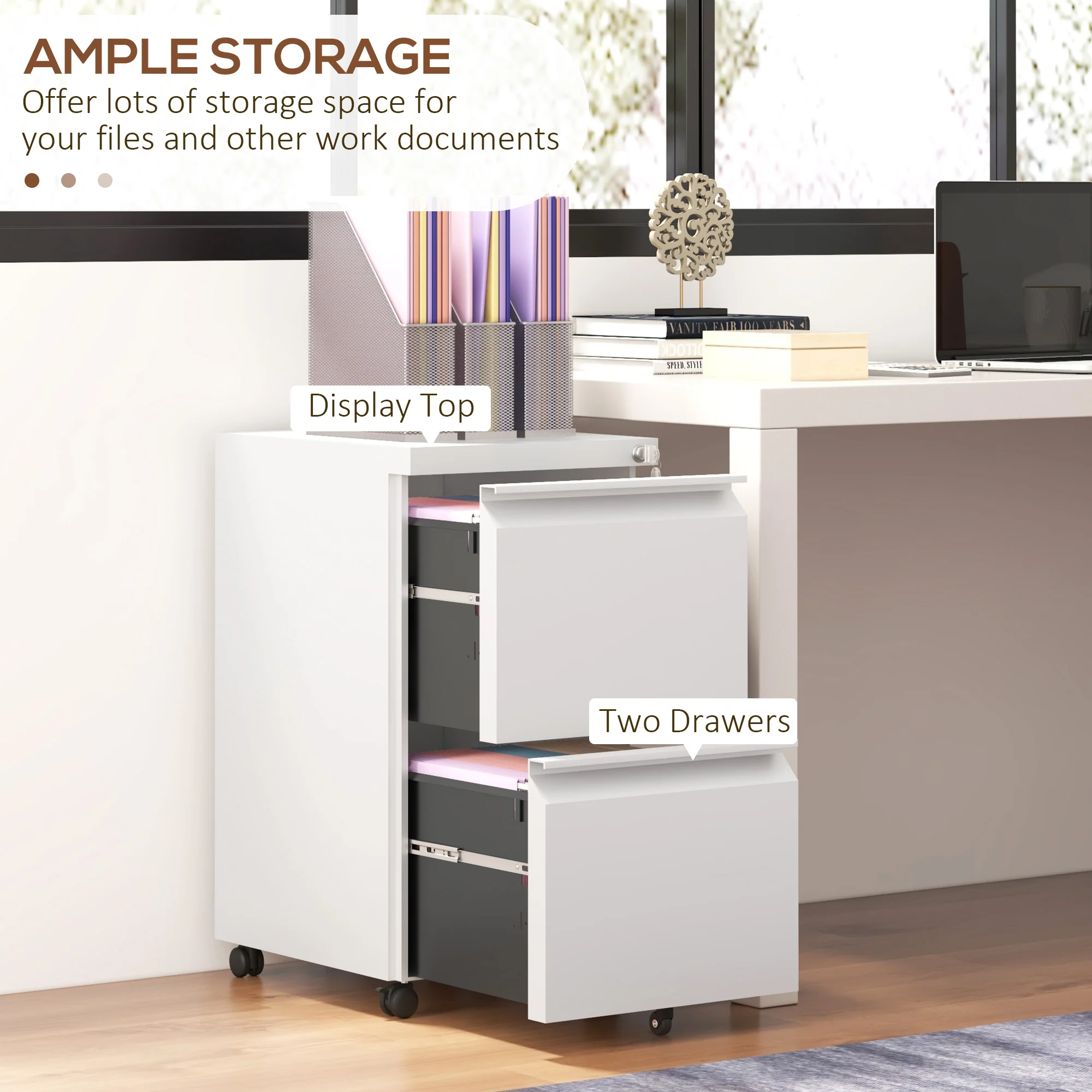 Archivador Móvil con 2 Cajones, Mueble de Archivo Cerrable de Acero, Cuerpo Preensamblado, Blanco