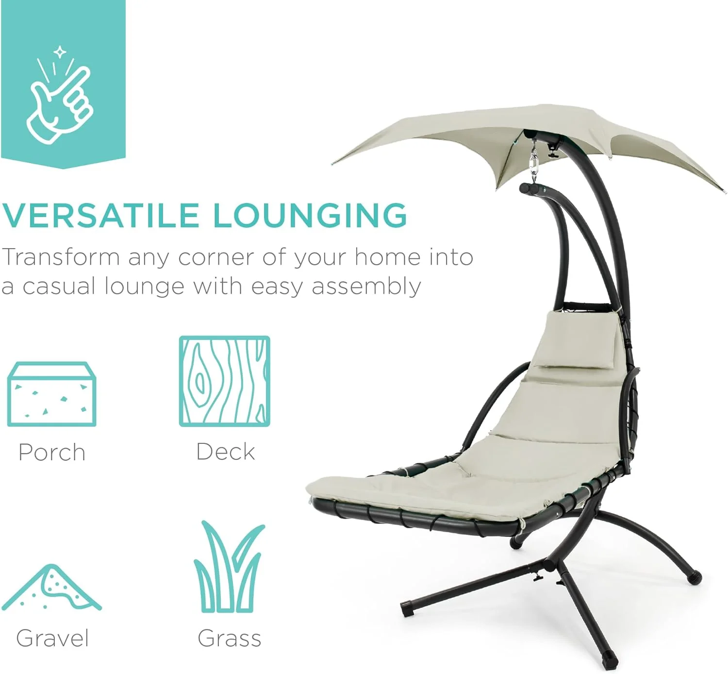 Chaise Longue Suspendue de Exterior Best Choice Products – Silla Balancín Curvada de Acero con Cojín Integrado y Toldo Desmontable – Gris Carbón