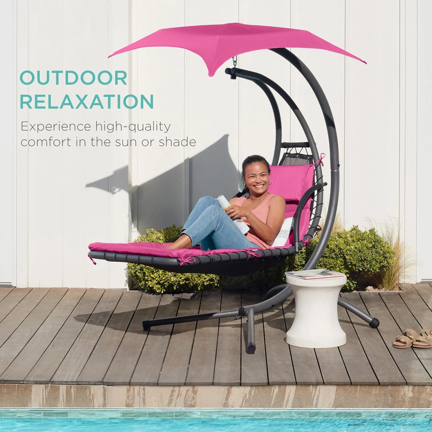 Chaise Longue Suspendue de Exterior Best Choice Products – Silla Balancín Curvada de Acero con Cojín Integrado y Toldo Desmontable – Gris Carbón