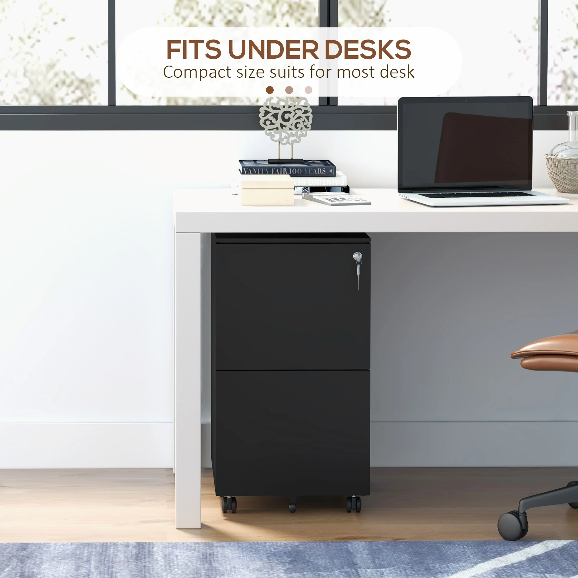 Archivador Móvil de Acero con 2 Cajones y Cerradura, Mueble de Oficina para Debajo del Escritorio, Negro