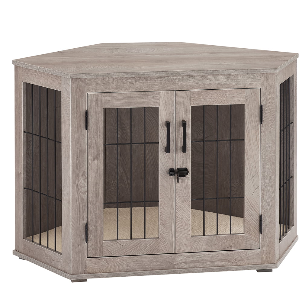 Mueble para Jaula de Perro Esquinero Unipaws, Perrera de Madera para Cachorros y Perros, Jaula para Mascotas para Espacios Limitados, Tamaño Mediano, Gris Envejecido