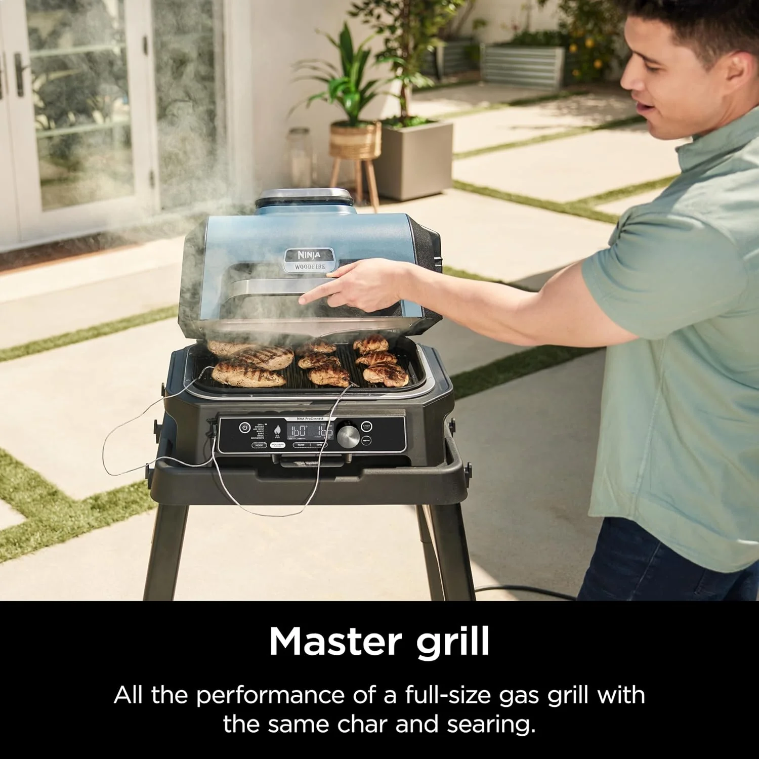 2025 Parrilla y ahumador exterior Ninja Woodfire Pro XL, termómetro, master grill 4 en 1, barbacoa ahumador, freidora de aire exterior, horno, portátil, parrilla eléctrica, gris oscuro, modelo OG850