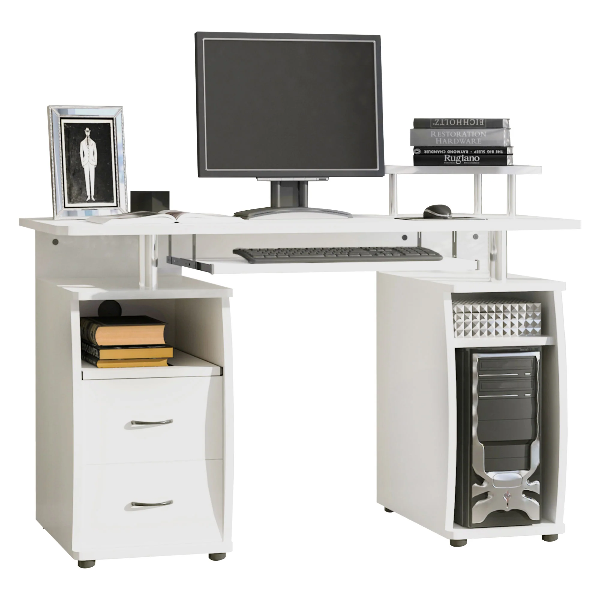 Escritorio de Ordenador para Oficina – Mesa de PC con Cajón para Teclado, Estante Deslizante para Escáner, Blanco