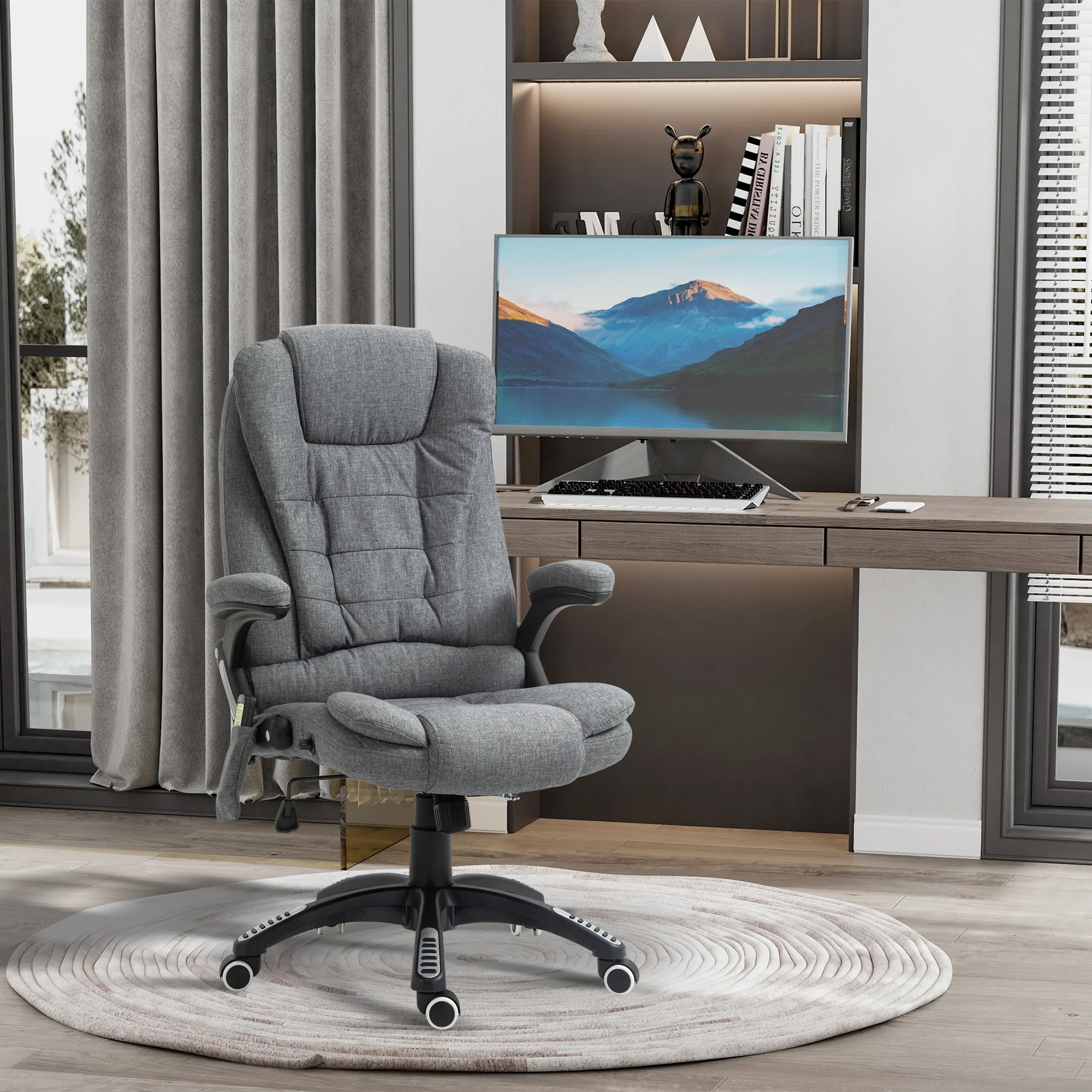 Silla de Oficina Ergonómica con Masaje de 6 Puntos y Calefacción en la Espalda, Tela Tipo Lino, Gris