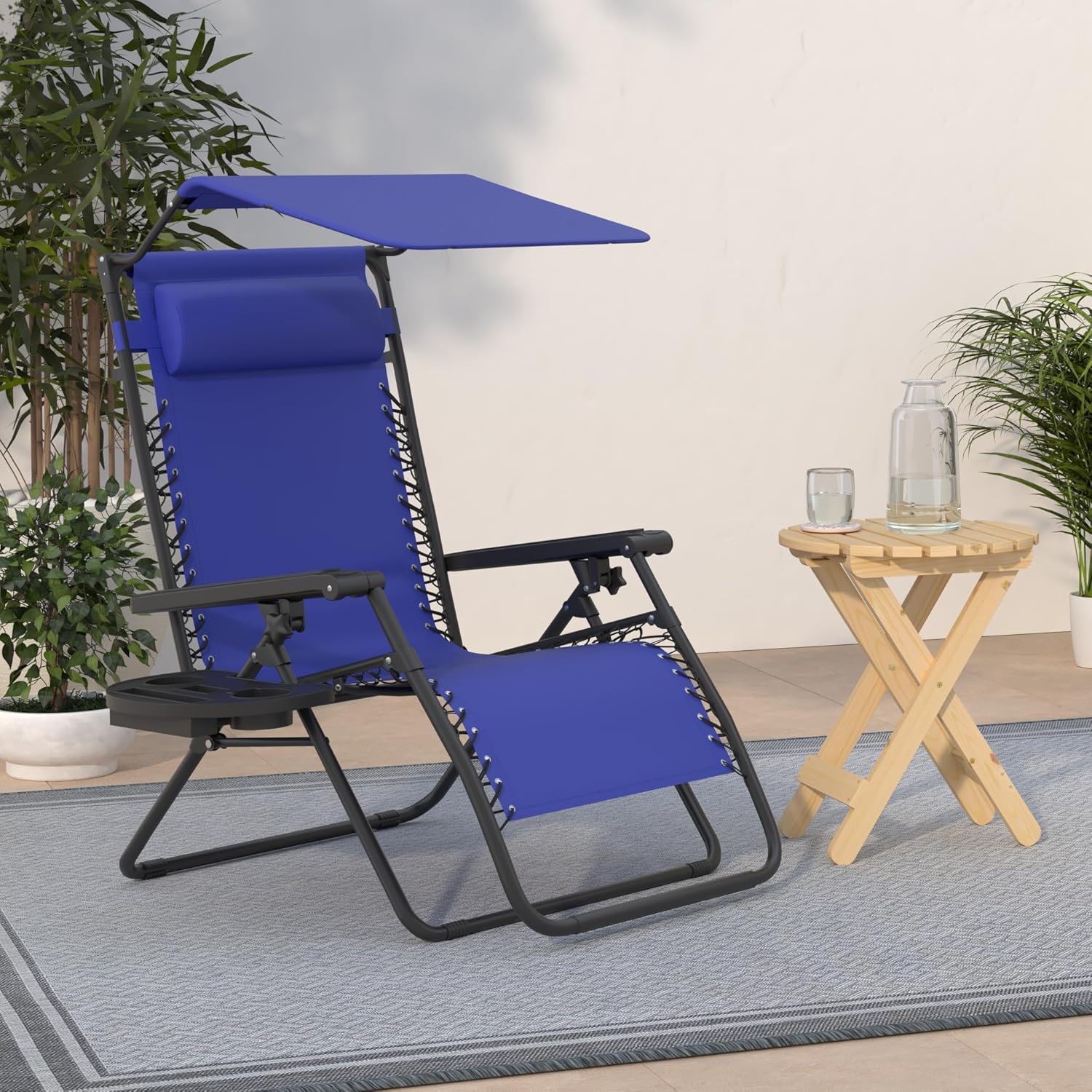 Best Choice Products – Silla Reclinable de Patio con Gravedad Cero, Ajustable y Plegable para Exteriores con Dosel, Almohada Cervical y Bandeja Lateral, Textileno – Azul Pavo Real