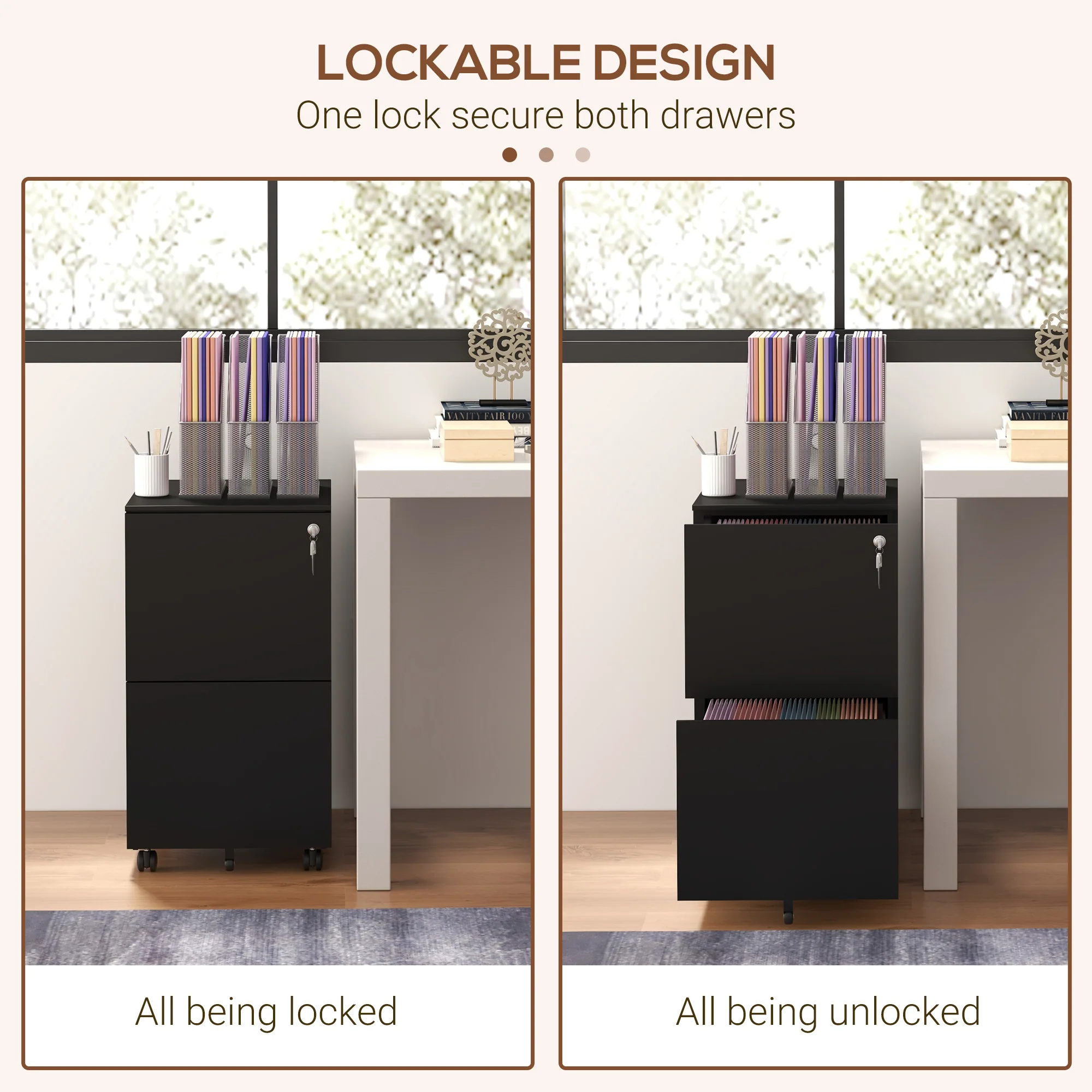 Archivador Móvil de Acero con 2 Cajones y Cerradura, Mueble de Oficina para Debajo del Escritorio, Negro