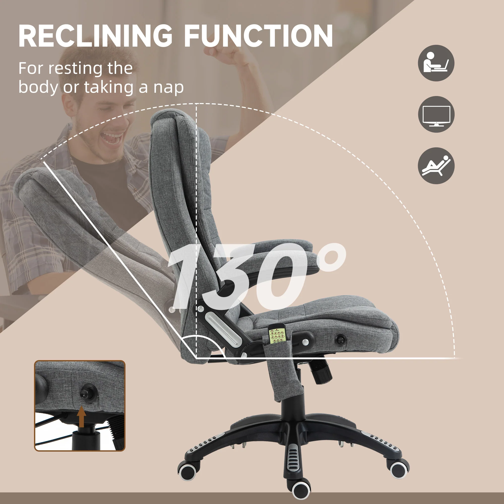 Silla de Oficina Ergonómica con Masaje de 6 Puntos y Calefacción en la Espalda, Tela Tipo Lino, Gris