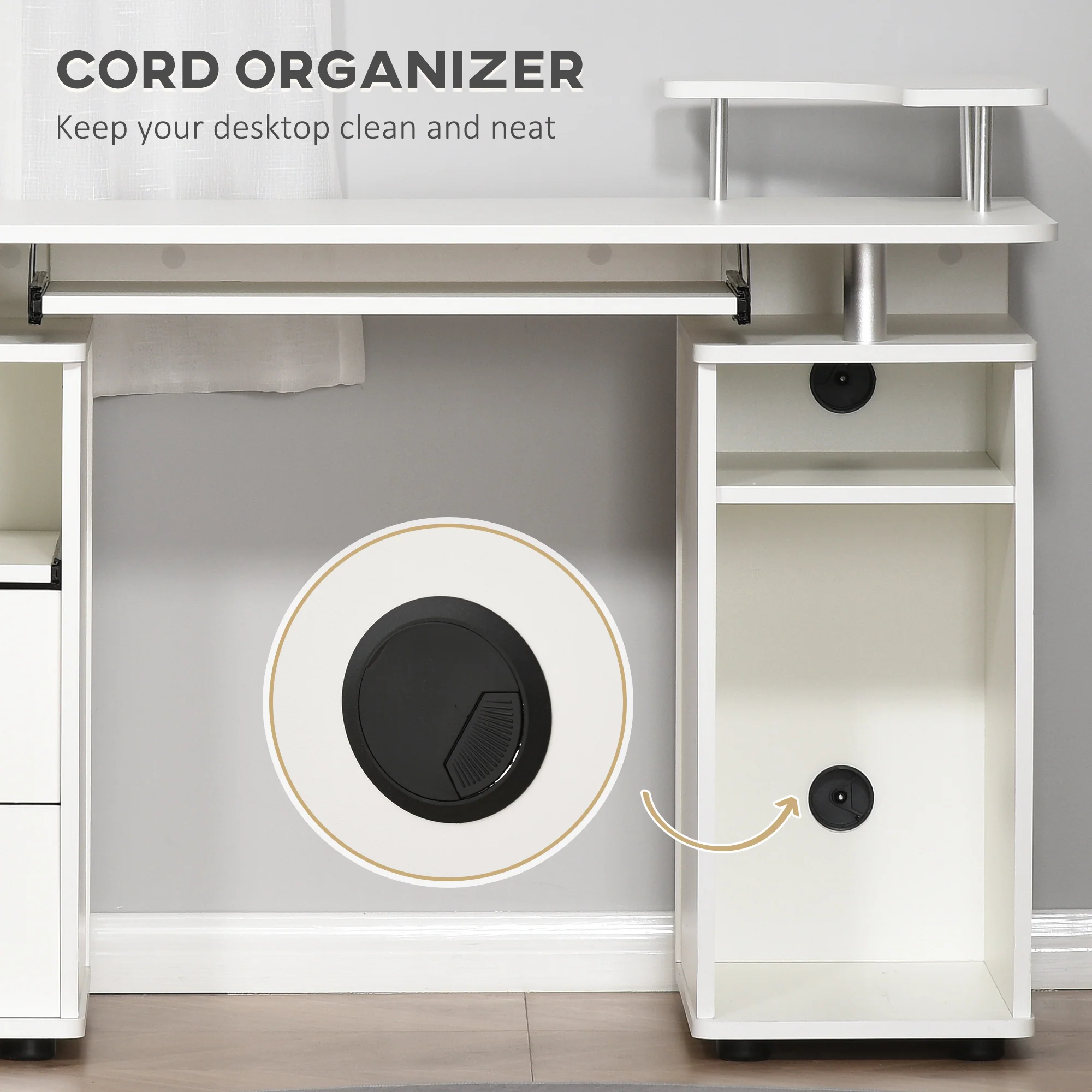 Escritorio de Ordenador para Oficina – Mesa de PC con Cajón para Teclado, Estante Deslizante para Escáner, Blanco