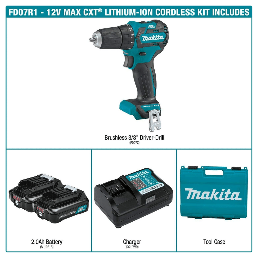 Makita FD07R1 Kit de Taladro-Atornillador Inalámbrico sin Escobillas 12V MAX CXT de 3/8 Pulgadas