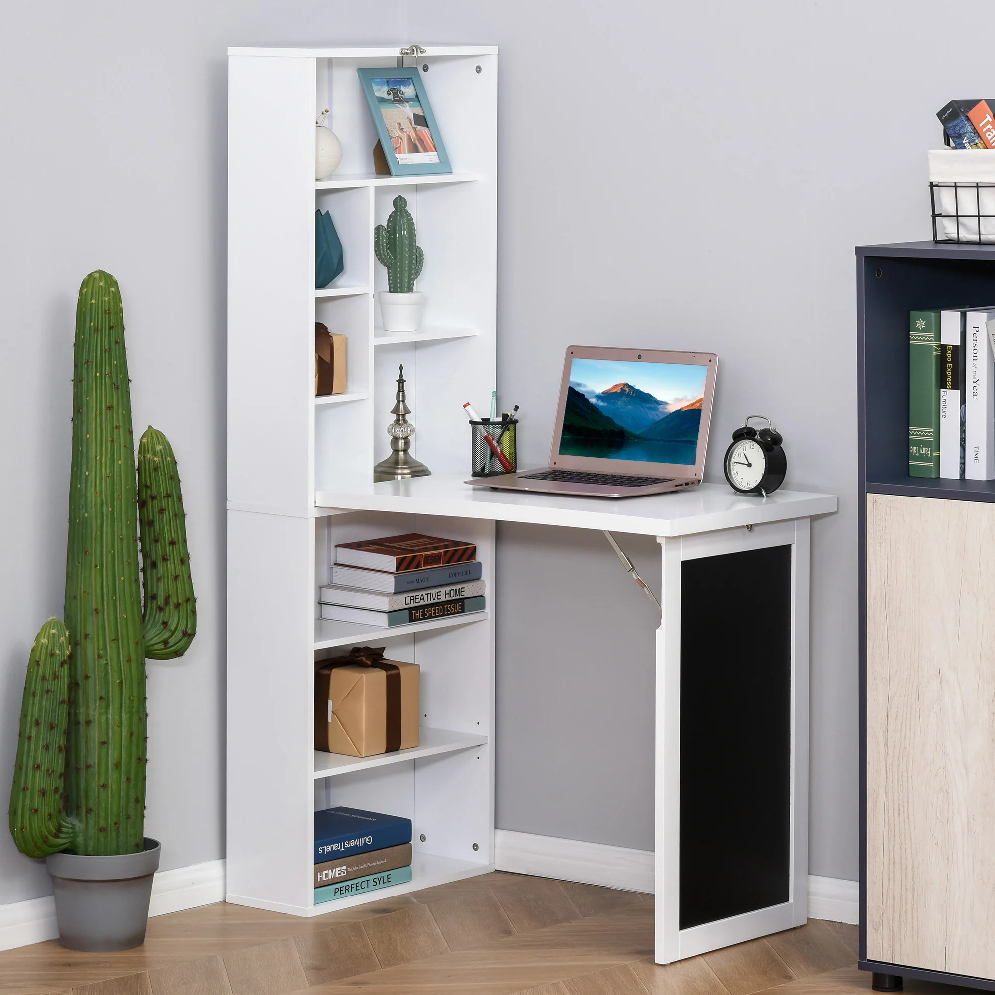 Escritorio de Ordenador de Pared – Mesa de Estudio Abatible con Pizarra y Estantería, Blanco