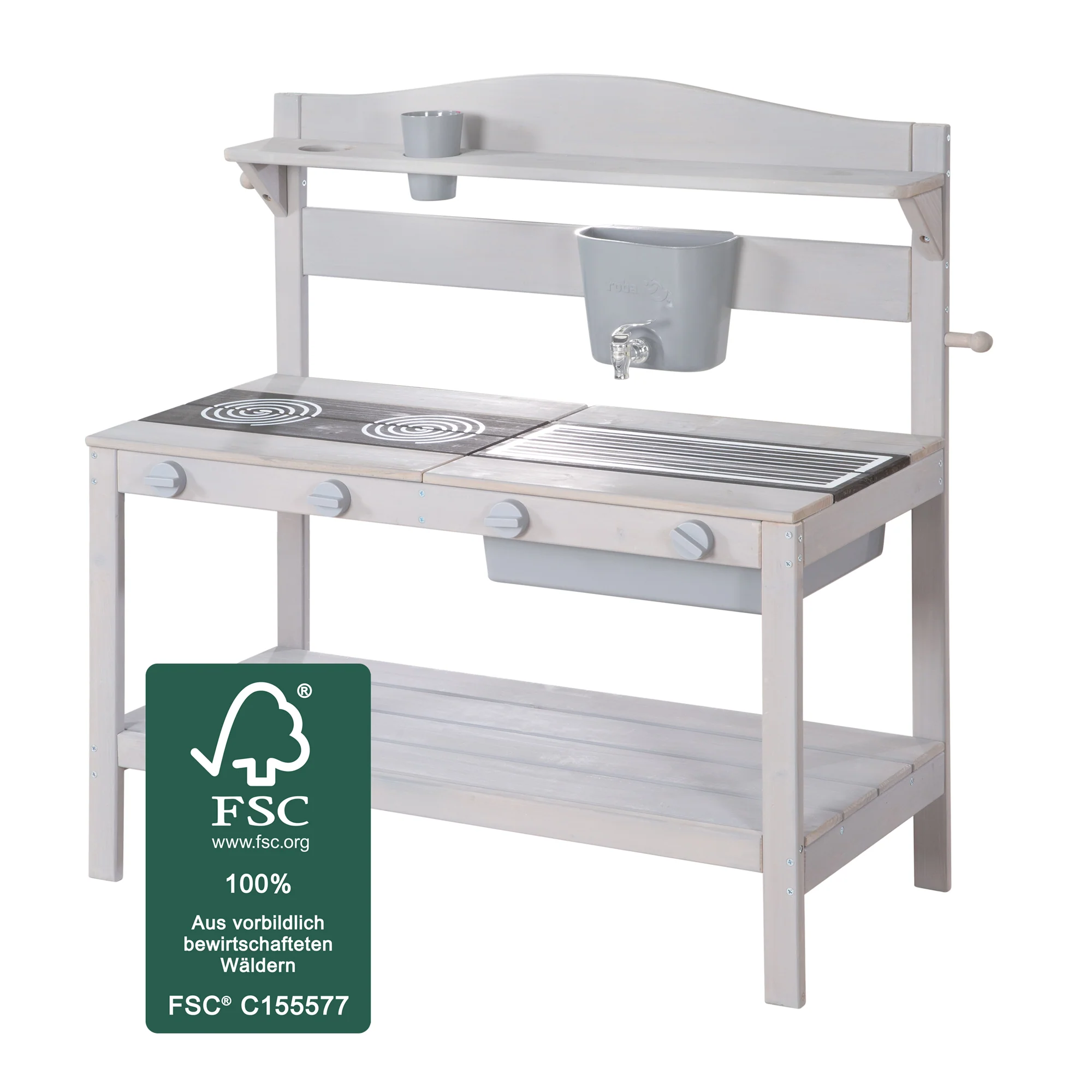 Cocina de barro para exteriores con accesorios - Madera certificada FSC - Acabado en gris grabado
