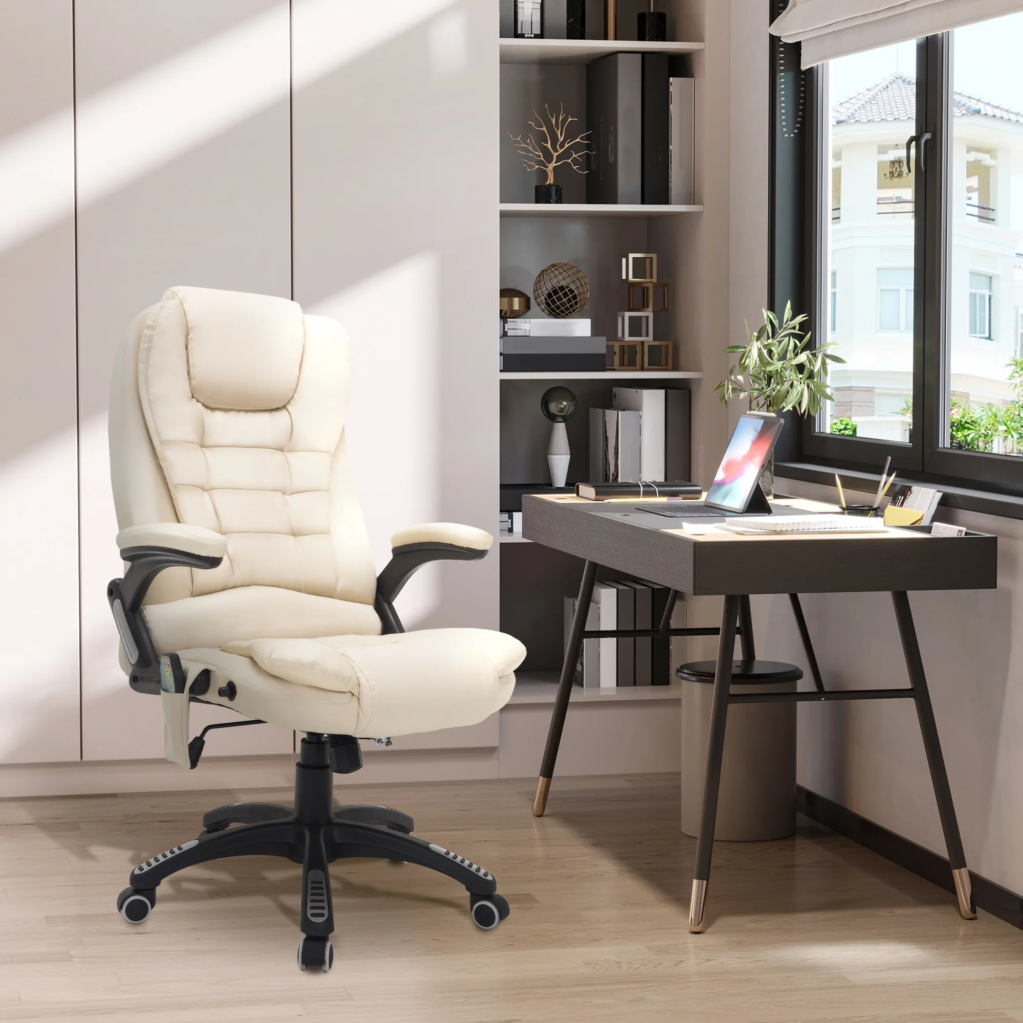 Silla de oficina ejecutiva con masaje y calefacción, sillón de oficina de cuero PU con respaldo alto, beige