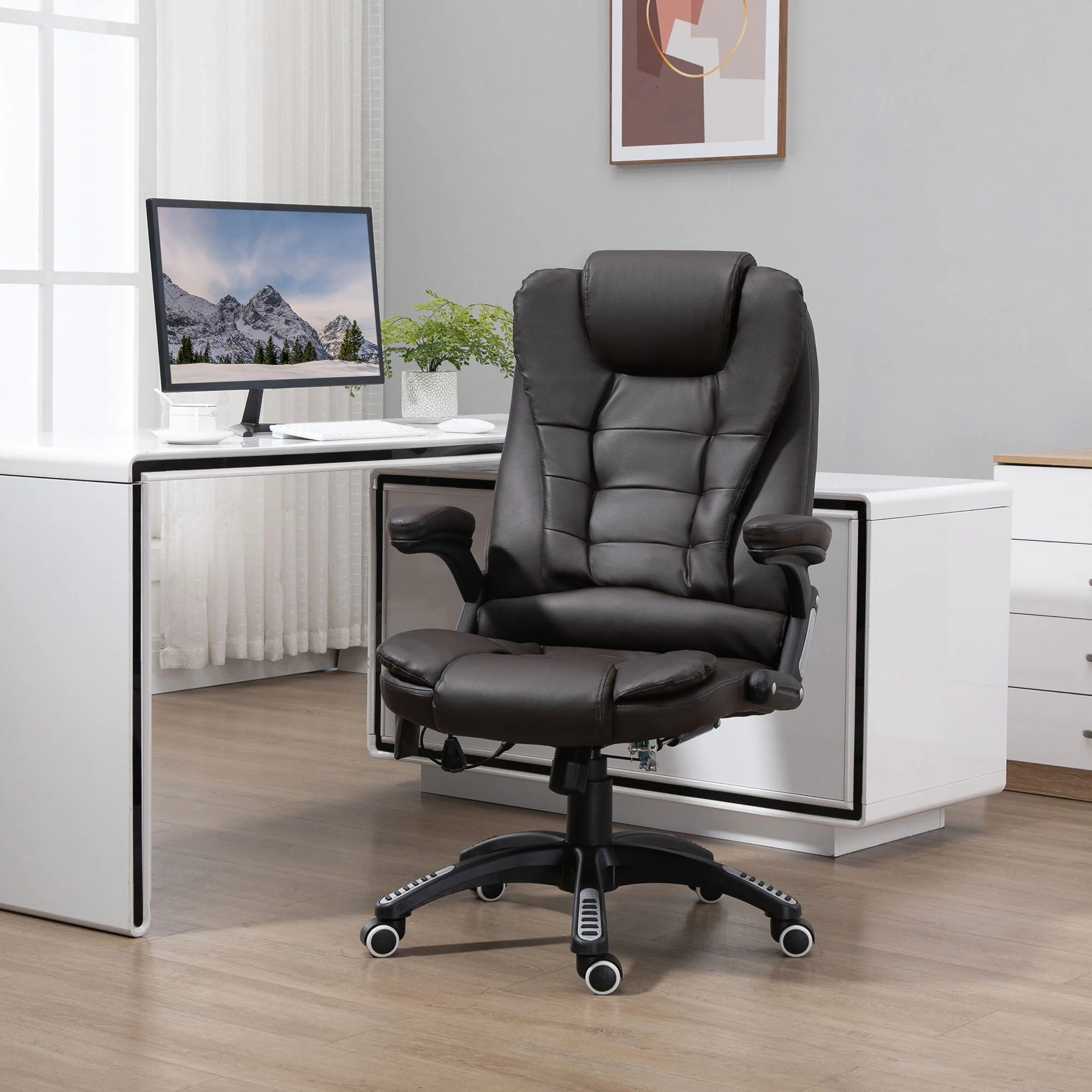 Silla de oficina ejecutiva con masaje y calefacción, sillón de oficina de cuero PU con respaldo alto, marrón
