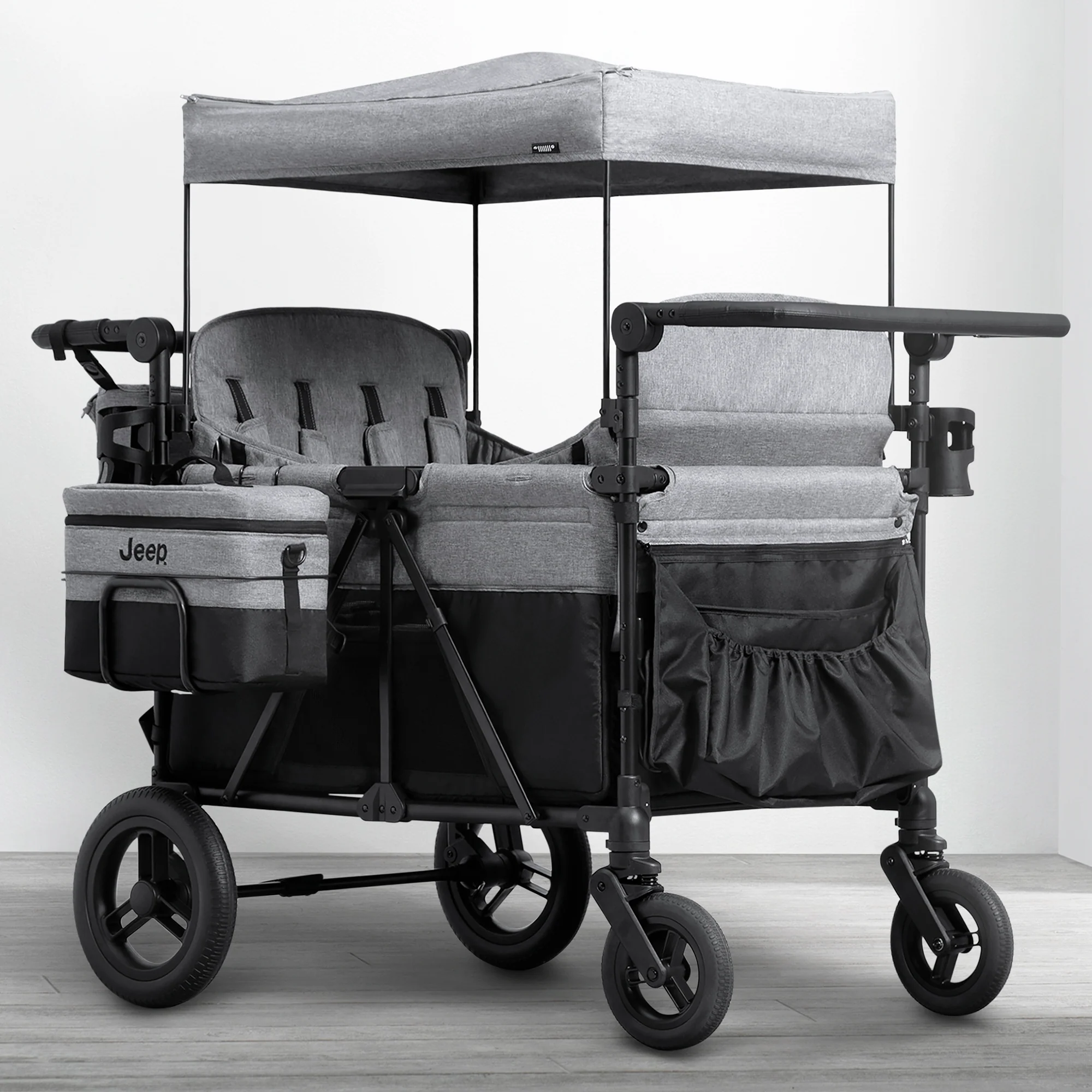Carrito-Paseador Jeep Wrangler Deluxe para 4 Niños – Capota Desmontable, Bolsa Térmica, Asientos Modulares, Almacenamiento XXL, Ruedas Antipinchazos, Manillares Ajustables