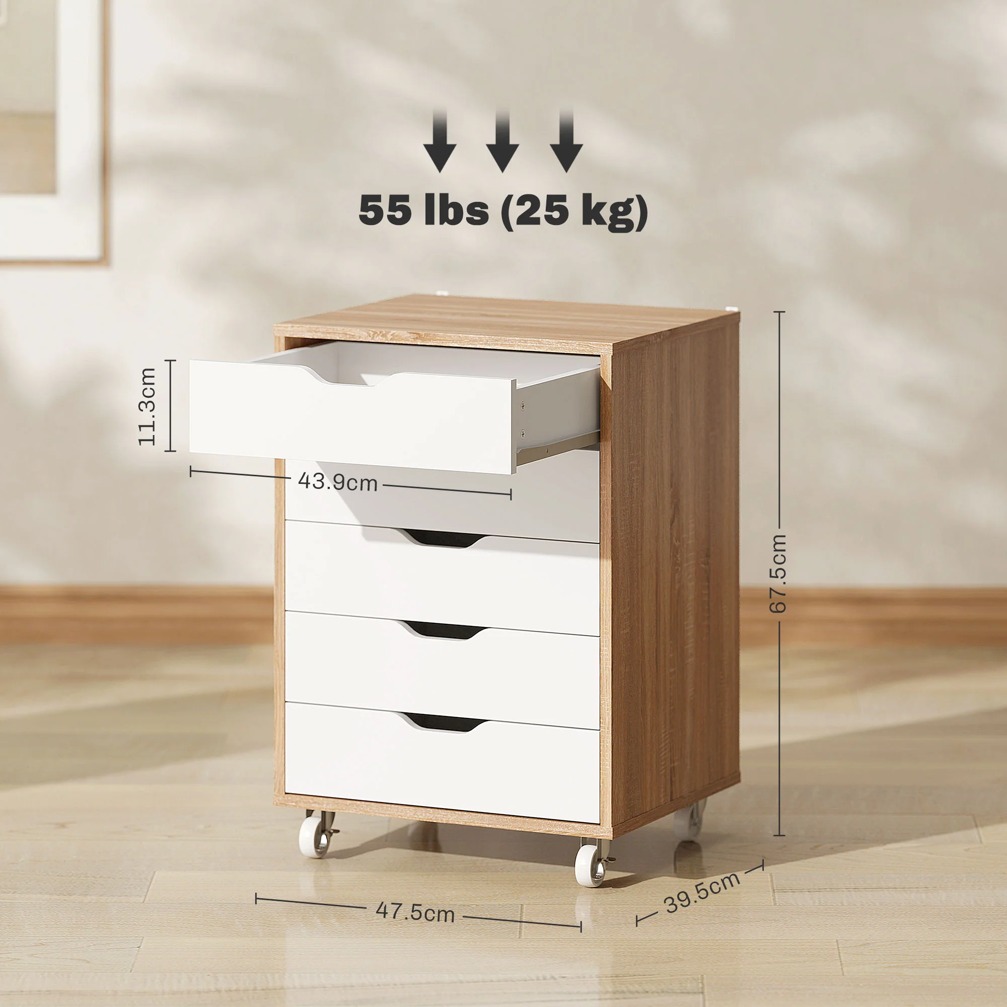 Cajonera Vertical de 5 Cajones, Mueble de Oficina Móvil con Ruedas, Roble