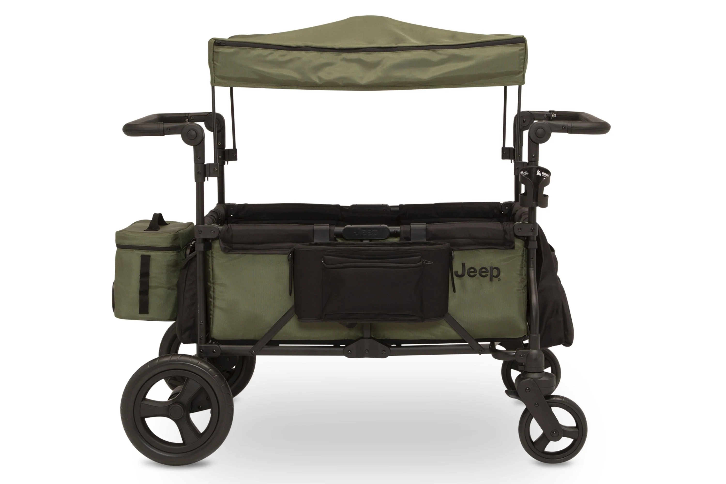 Carrito-Paseador Jeep Wrangler Deluxe – 2 Asientos con Arnés de 5 Puntos, Bolsa Térmica, Capota Anti-UV, Amplio Almacenamiento, Ruedas Todo Terreno Antipinchazos, Manillares Ajustables