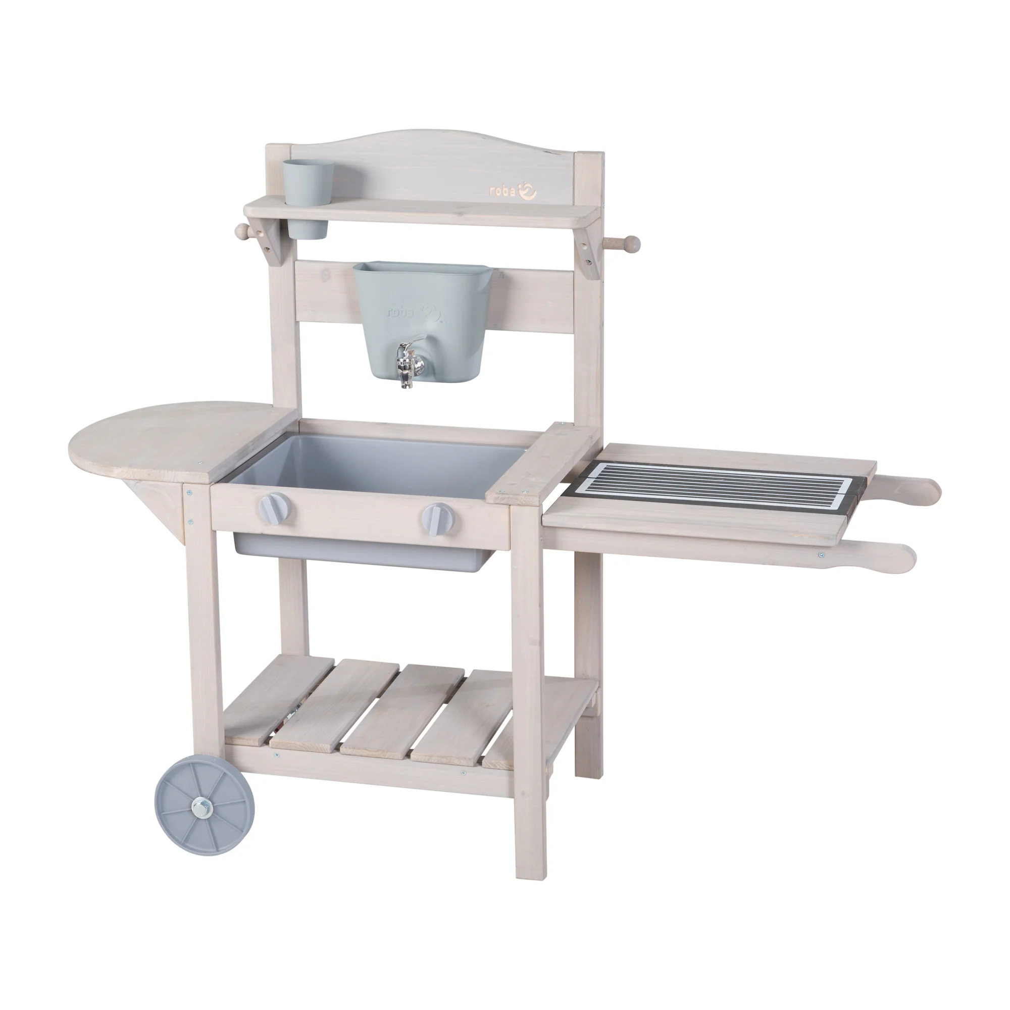 Cocina móvil de juego y barro con BBQ para niños - Madera certificada FSC - Acabado en gris grabado