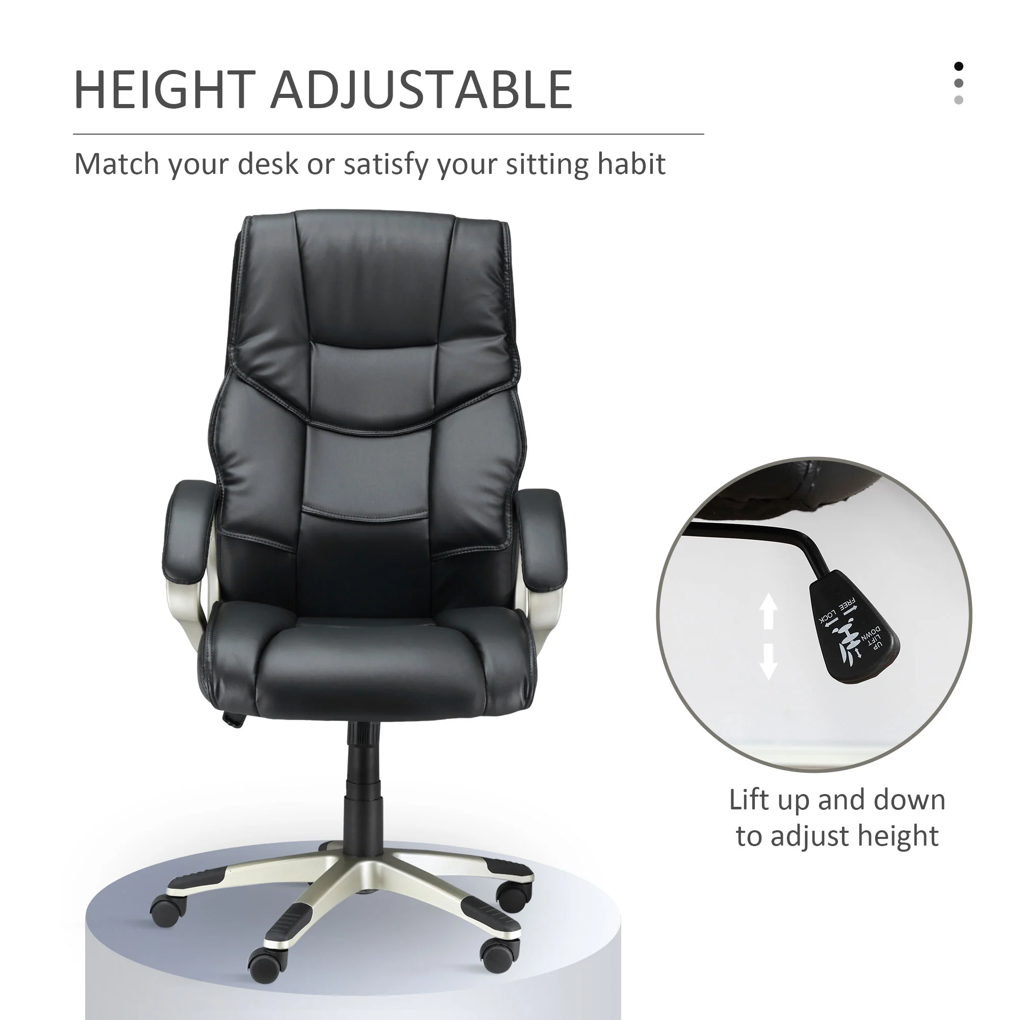Silla de Oficina con Respaldo Alto, Sillón Giratorio de Cuero Sintético con Altura Ajustable, Negro