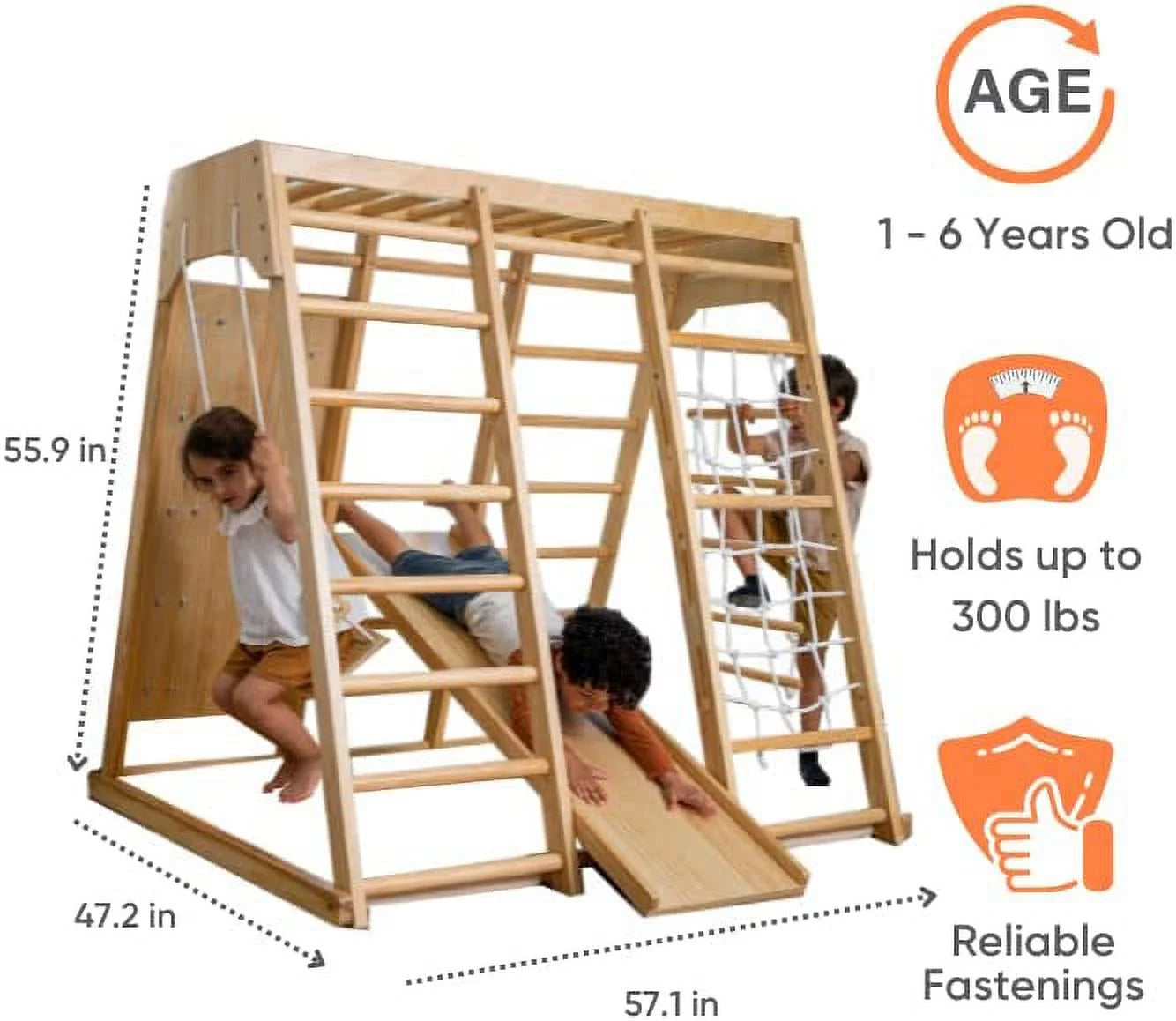 Avenlur Magnolia Parque Infantil Interior Gimnasio Jungle 6 en 1 Estilo Montessori Waldorf Juego de Escalada de Madera con Tobogán, Pared de Escalada, Escalera de Cuerda, Barras de Mono y Columpio para Niños de 2 a 6 años