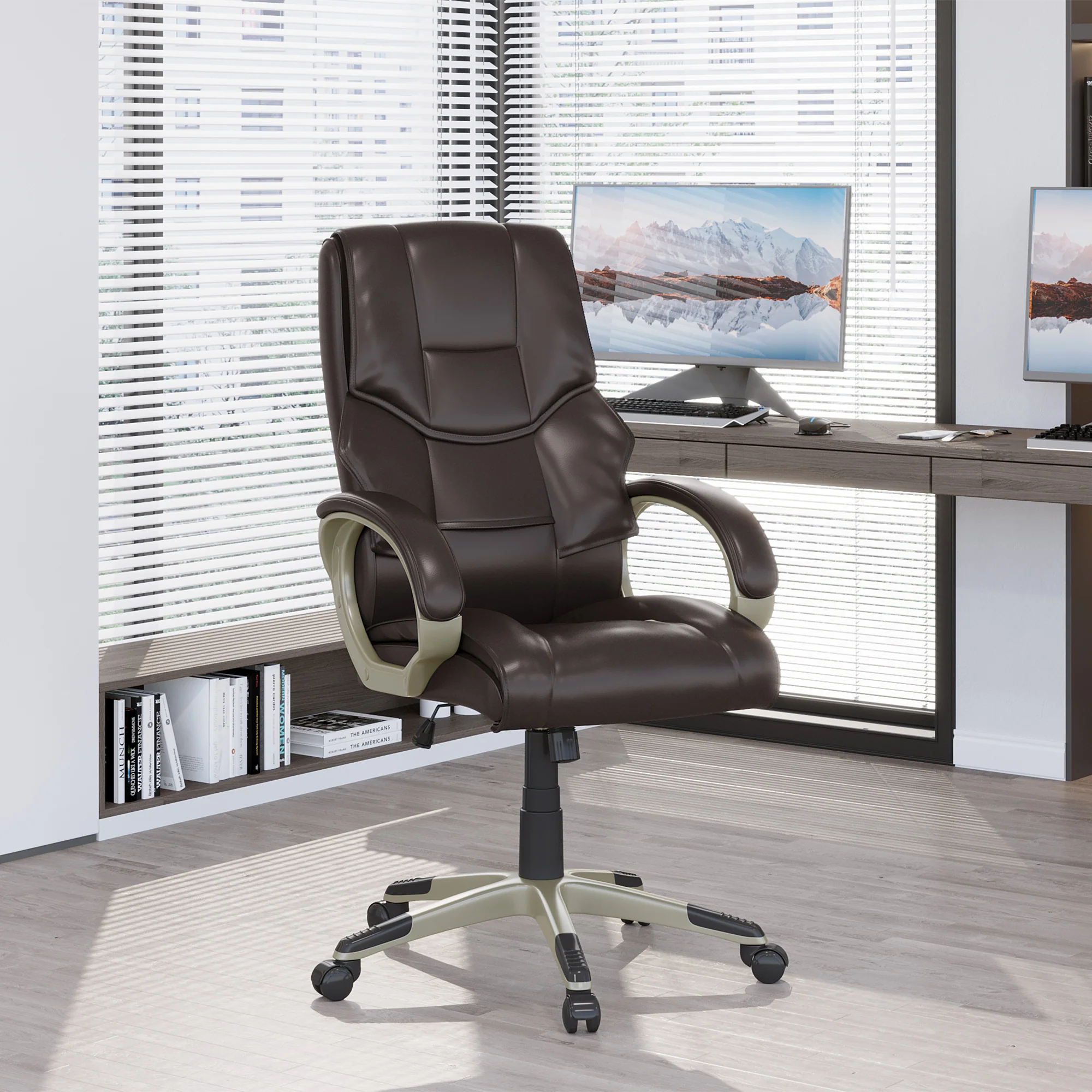 Silla de Oficina con Respaldo Alto, Sillón Giratorio de Cuero Sintético con Altura Ajustable, Marrón
