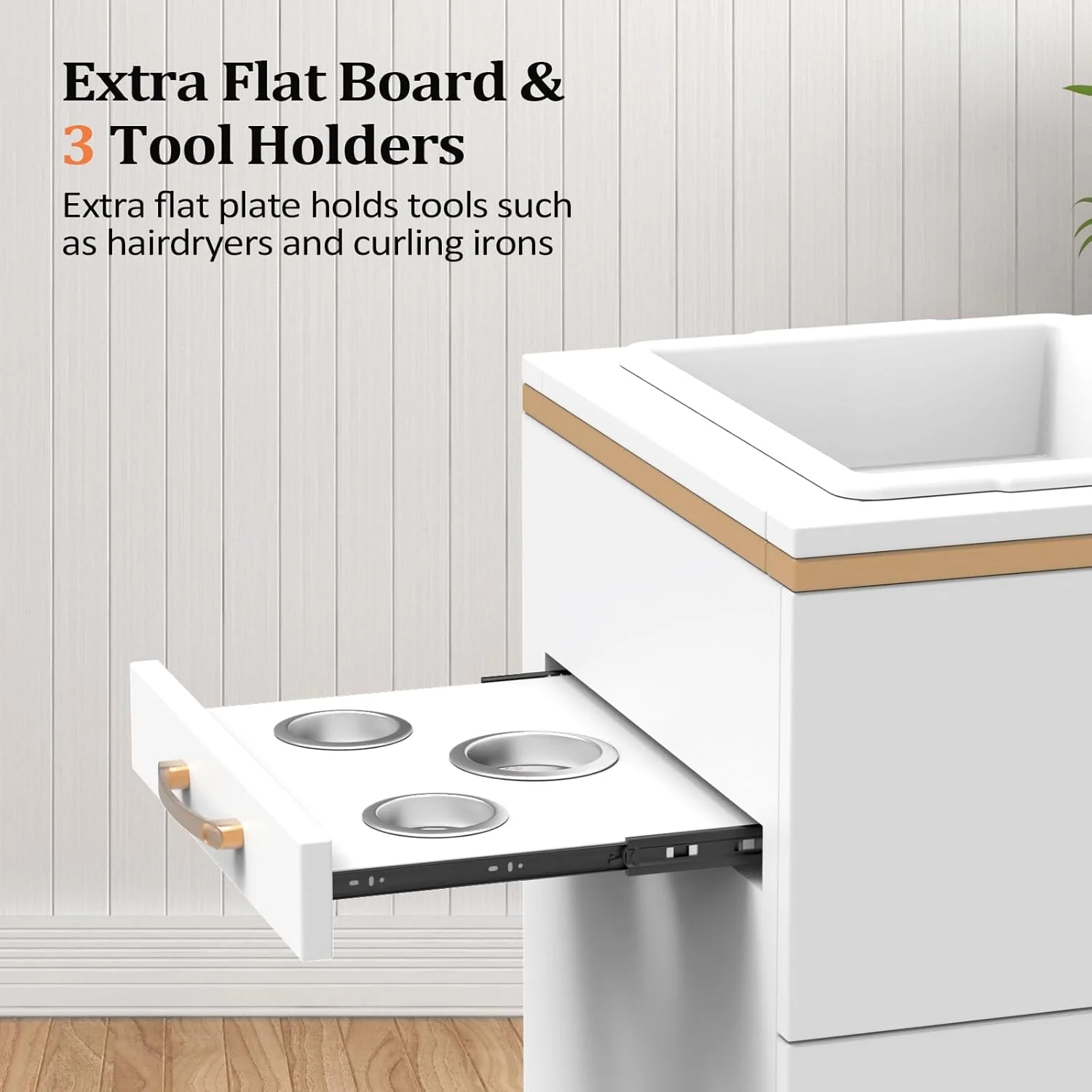 OmySalon Estación de Almacenamiento para Salones – Mueble de Peluquería con 3 Cajones, Compartimento de Almacenamiento y 3 Soportes para Secadores – Color Oro Blanco