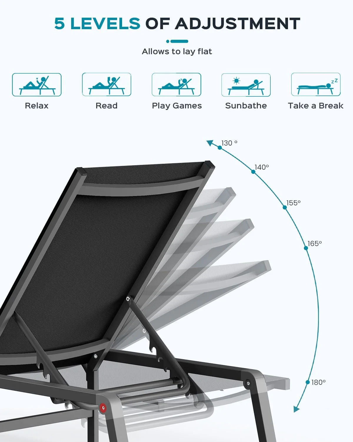 Tumbona de Aluminio para Exterior – Silla de Jardín Plegable sin Montaje, con Respaldo Ajustable en 5 Posiciones, para Terraza, Piscina, Playa – Negra