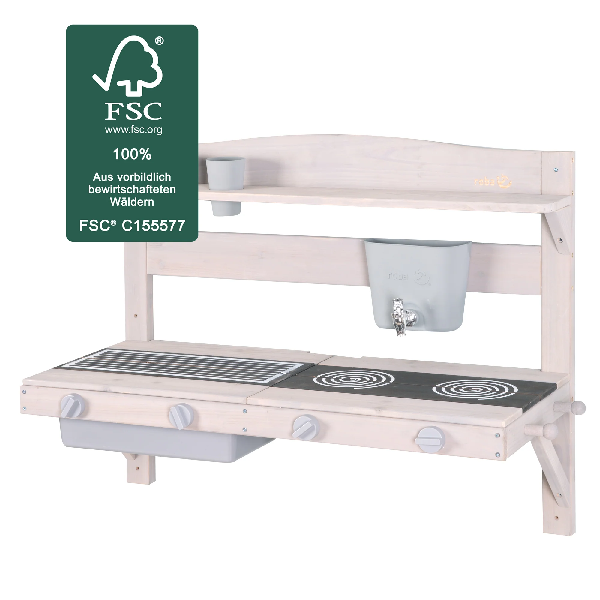 Cocina de juego y barro colgante – Madera certificada FSC – Acabado en gris grabado