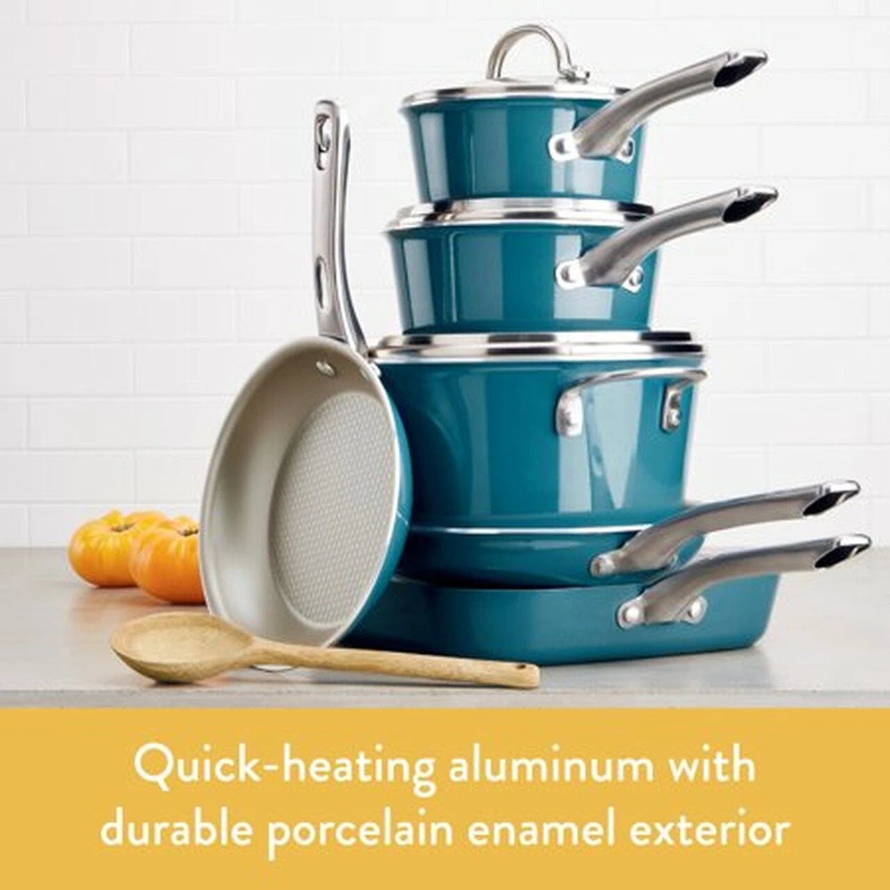 Juego de Ollas y Sartenes Antiadherentes de Esmalte de Porcelana Ayesha Curry, 10 Piezas, Color Azul