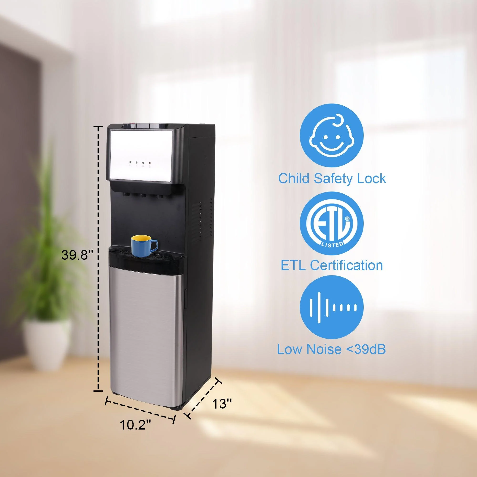 2025 Fuente de agua de 5 galones con carga inferior – 3 temperaturas con seguridad infantil – Negra