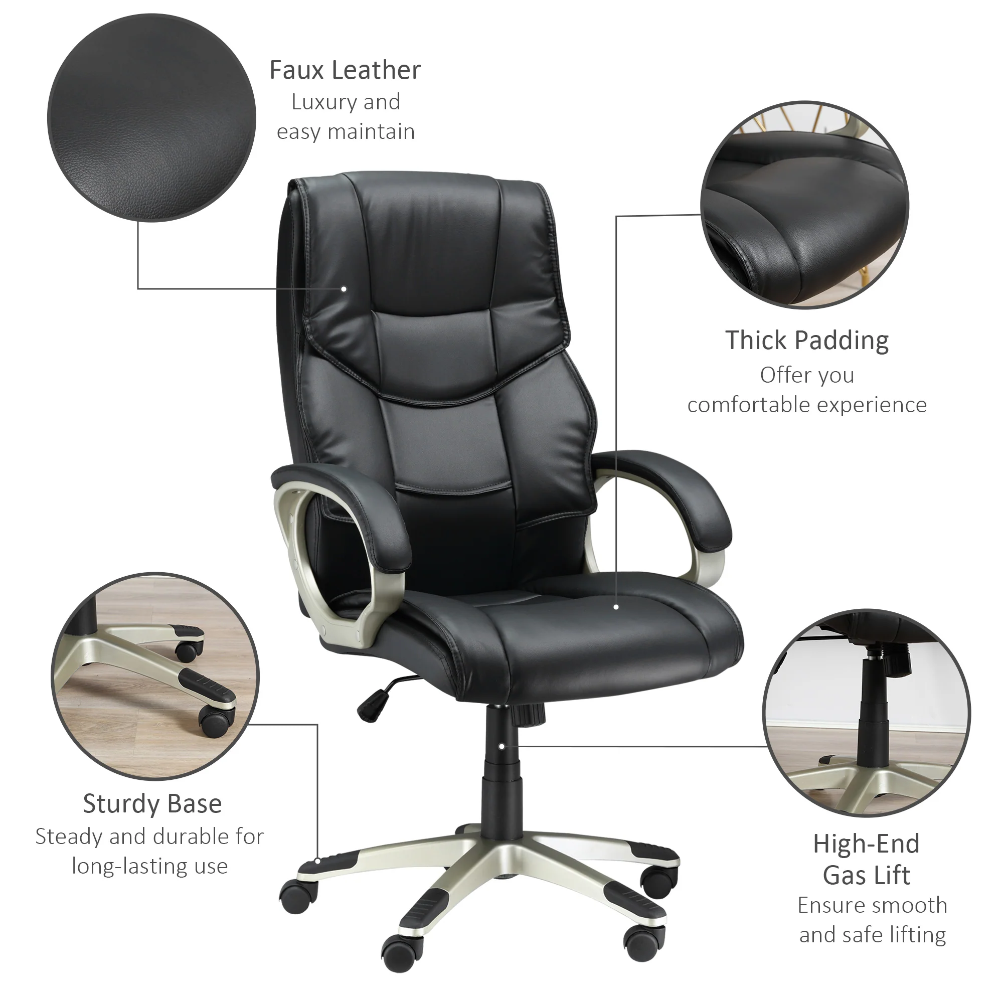 Silla de Oficina con Respaldo Alto, Sillón Giratorio de Cuero Sintético con Altura Ajustable, Negro