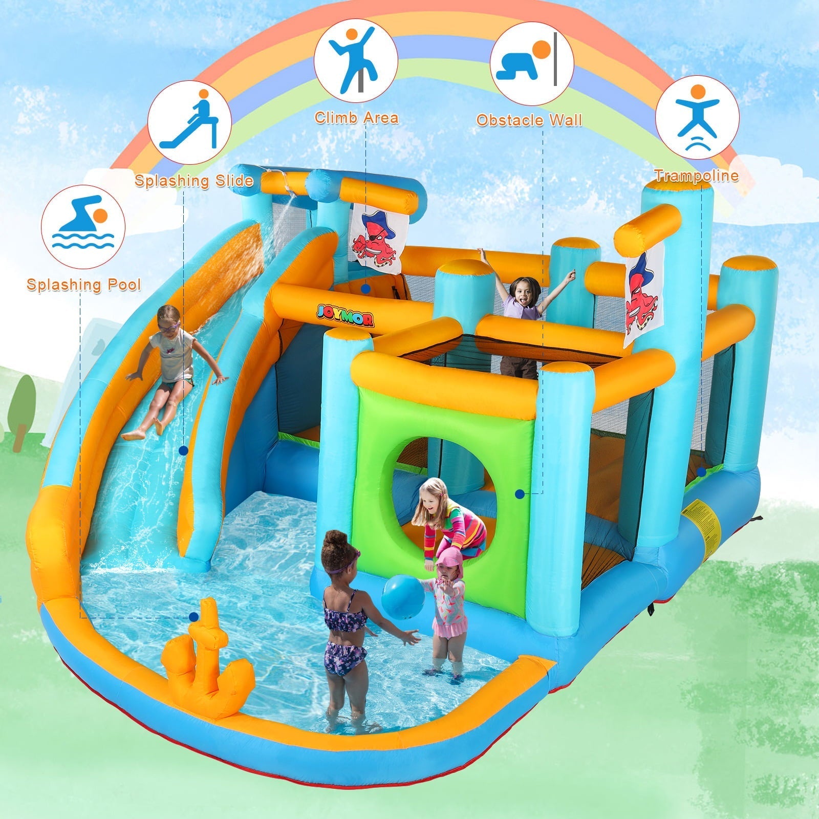 2025 Parque Inflable Acuático JOYMOR con Tema Pirata – Castillos Hinchables con Cañón de Agua, Piscina Splash y Resbaladilla para Niños