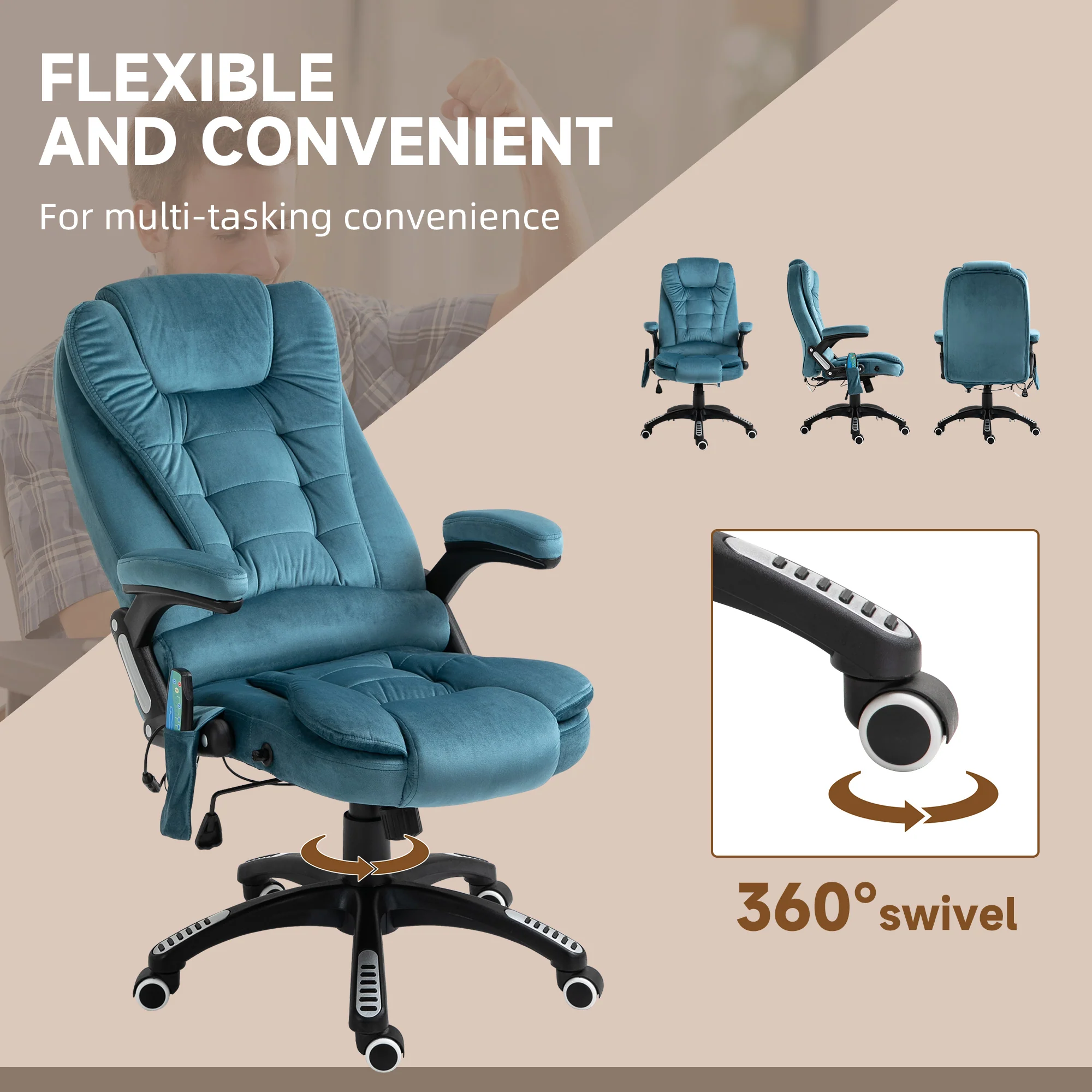 Silla de Oficina Ergonómica con Masaje de 6 Puntos y Calefacción en la Espalda, Tela Tipo Terciopelo, Azul