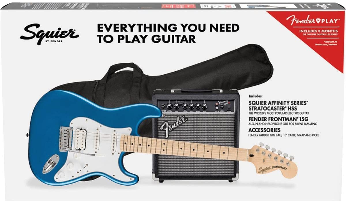 Squier by Fender Affinity Series Stratocaster Pack, HSS, diapasón de arce, Lake Placid Blue