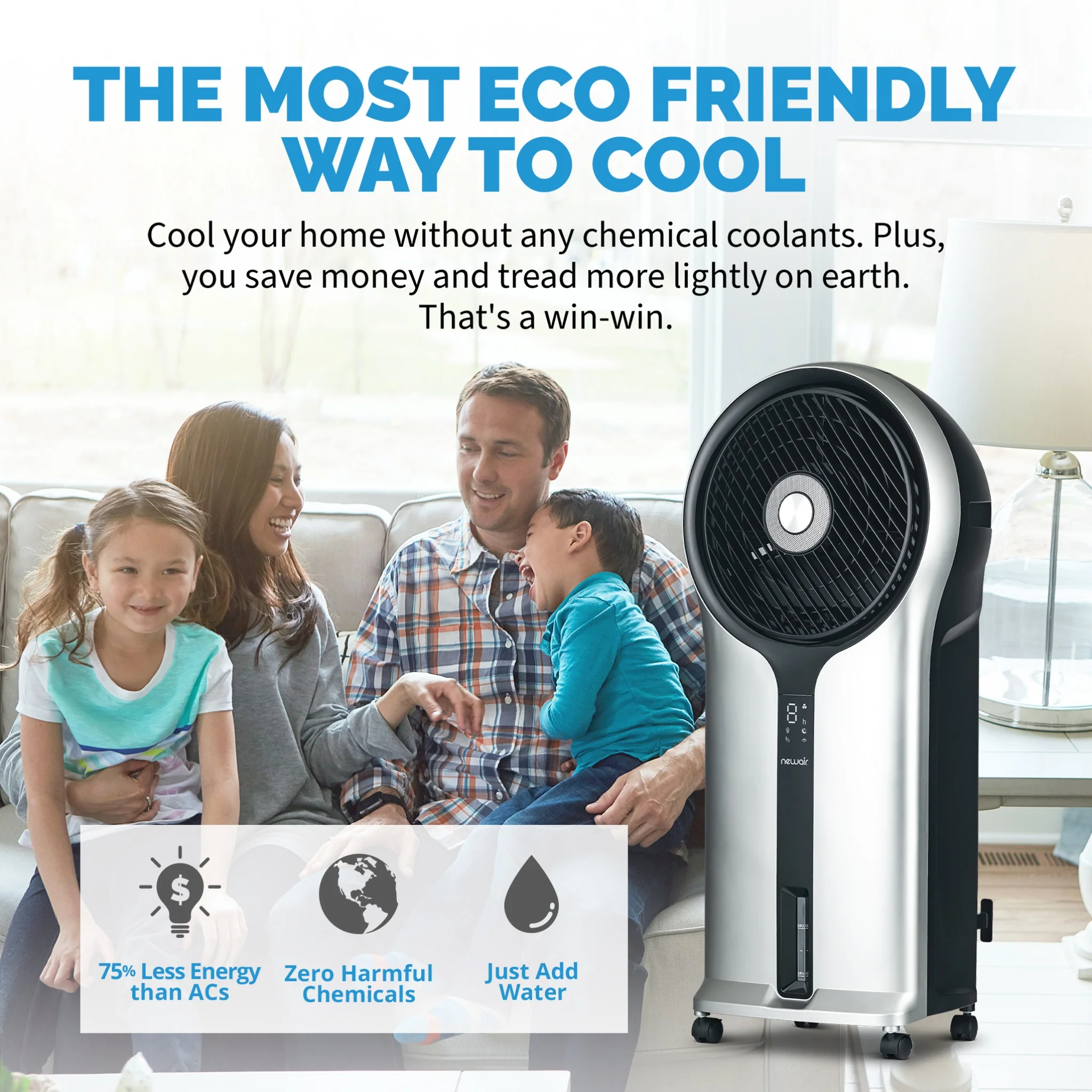 2025 Newair® Enfriador de Aire Evaporativo y Ventilador Portátil 470 CFM con Placa de Enfriamiento tipo Panal – Plateado