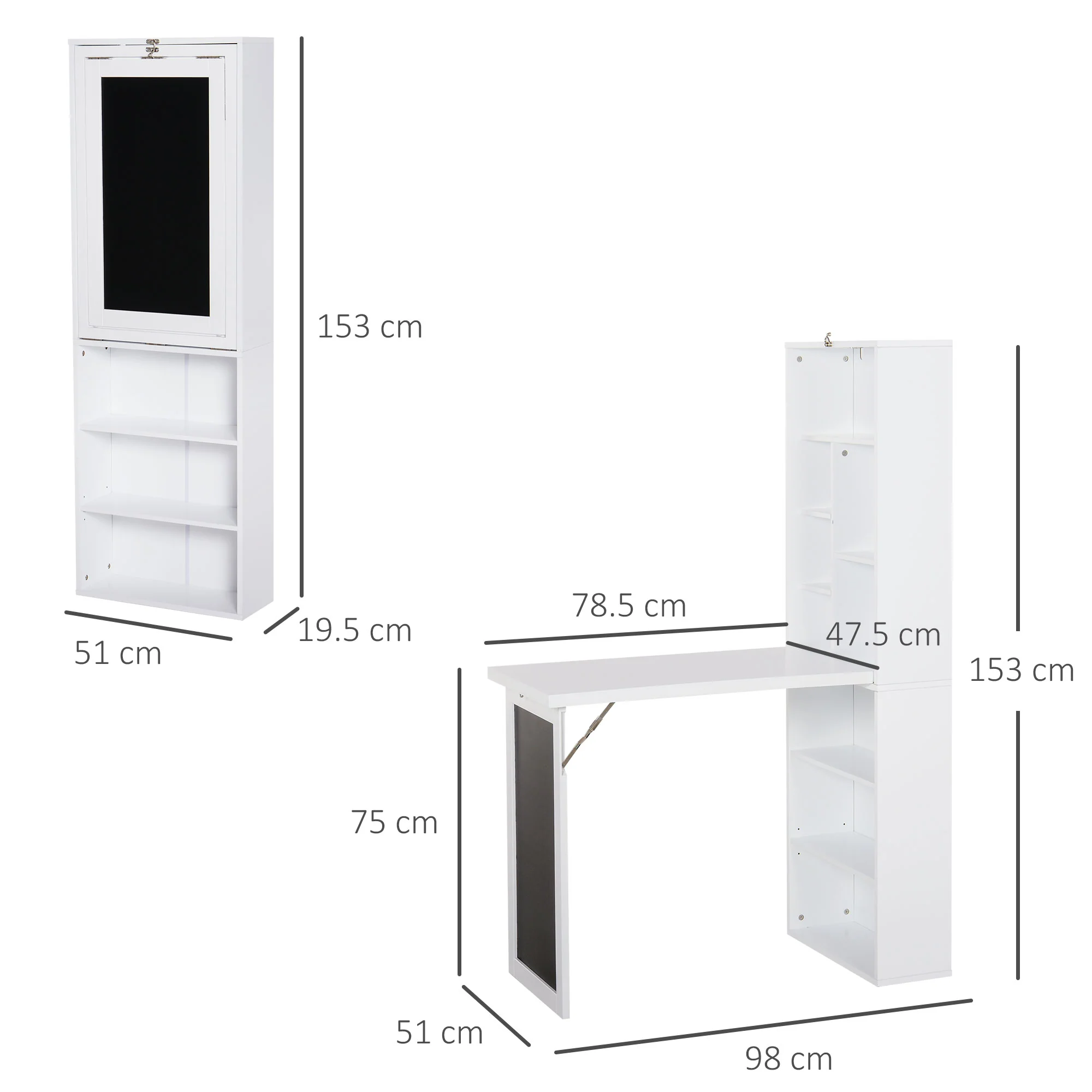 Escritorio de Ordenador de Pared – Mesa de Estudio Abatible con Pizarra y Estantería, Blanco