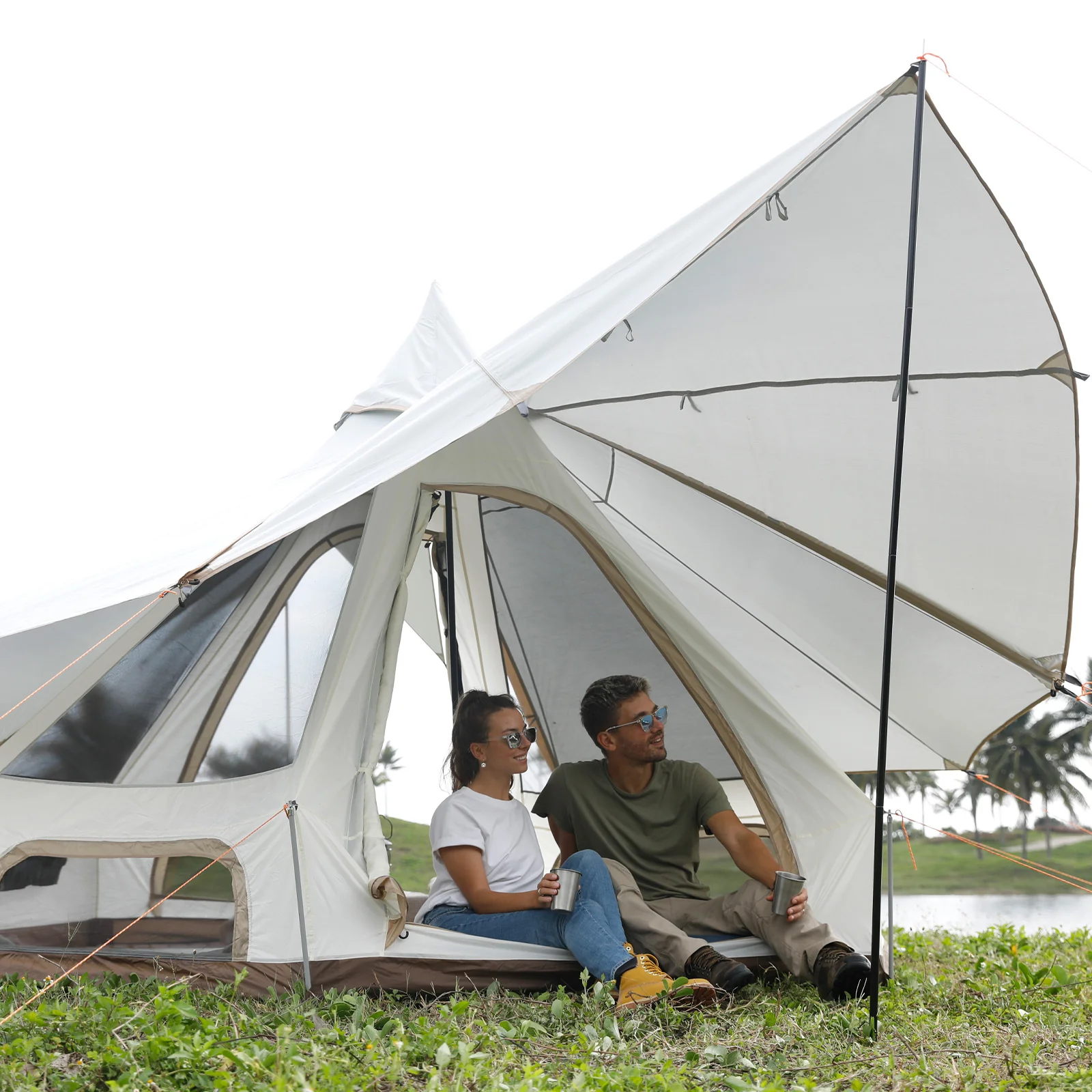 2025 KingCamp Dschingis 320 Light – Tienda tipi para 2 personas con 3,2 m de diámetro, 3000 mm de columna de agua y toldos solares modulares para glamping y festivales