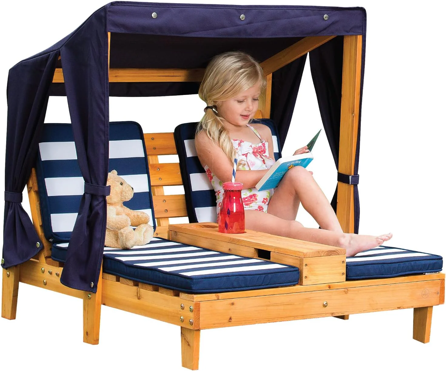 Tumbona Doble de Madera para Niños KidKraft con Porta Vasos, Muebles de Jardín para Niños, Color Miel con Tela a Rayas Azul Marino y Blanco, Regalo para Niños de 3 a 8 Años