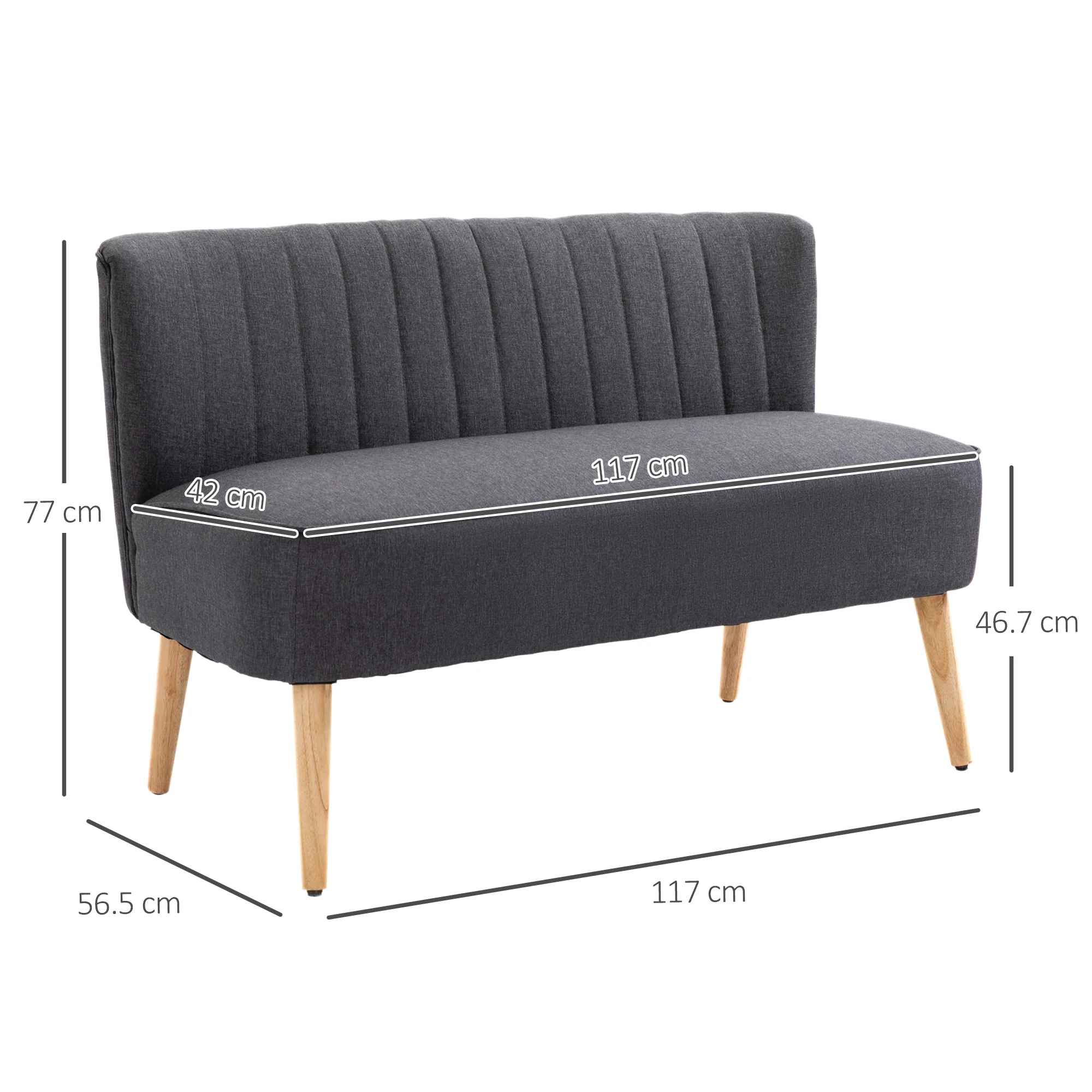 Sofá moderno de lino para 2 plazas, sofá compacto con acolchado y patas de madera, gris