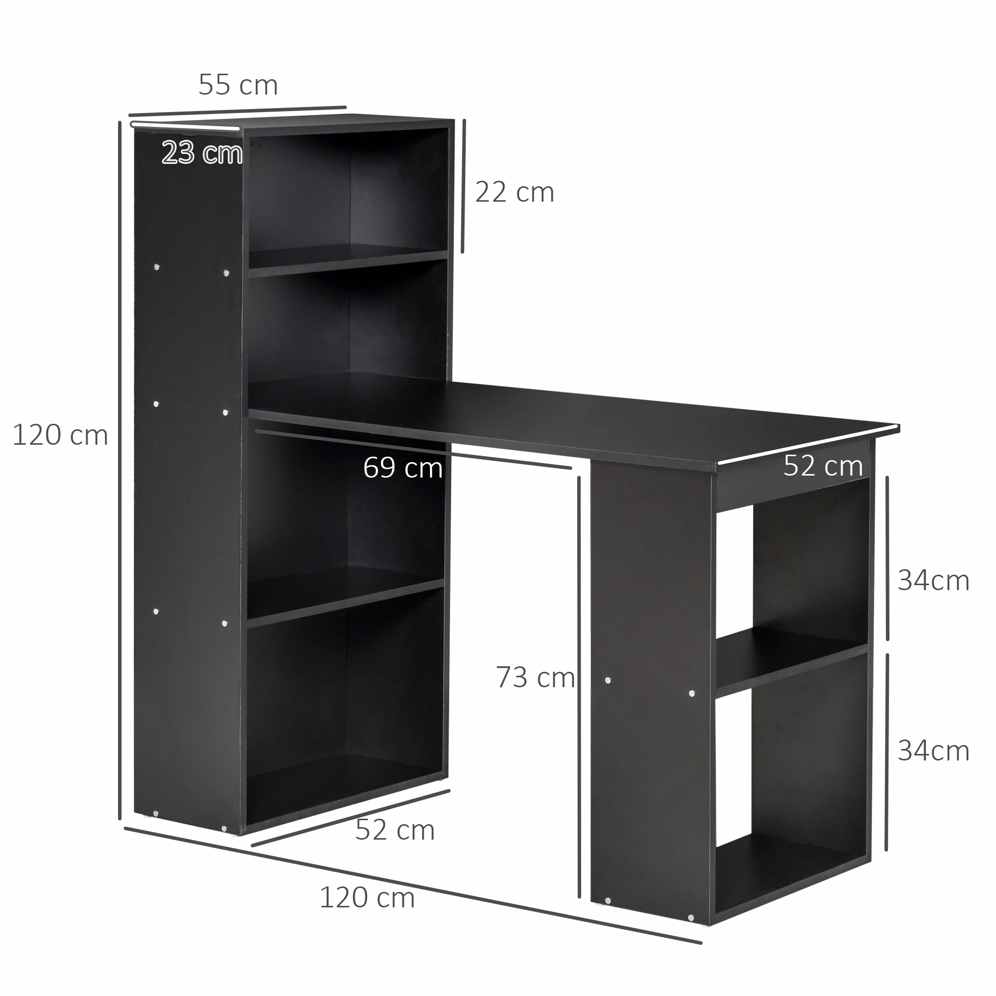 Escritorio de Ordenador Moderno de 120 cm con Estantería, Mesa de Estudio y Estación de Trabajo con 6 Estantes, Negro