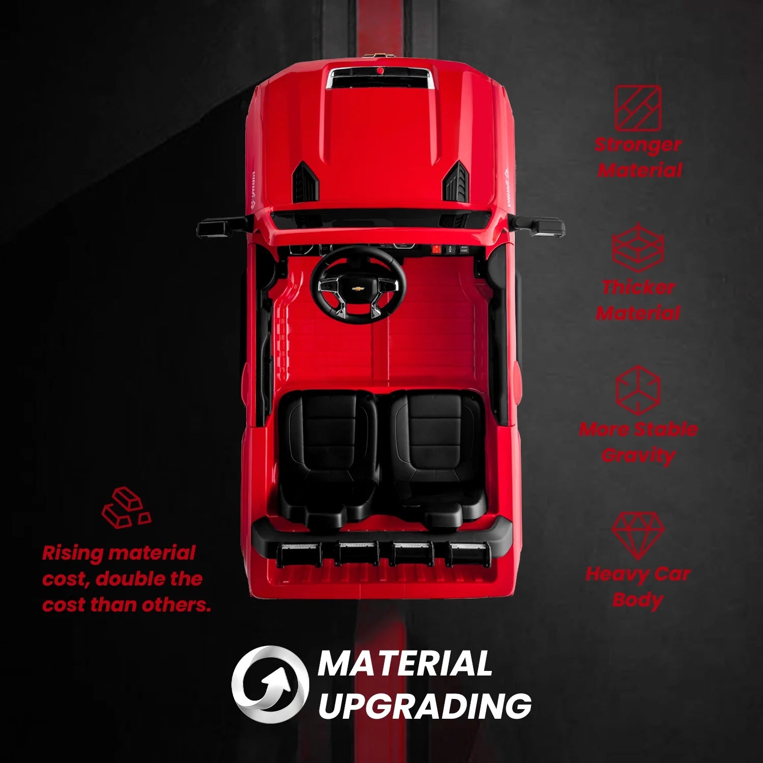 Track 7 Coche Eléctrico de 24V para Niños, Camioneta Silverado HD Licenciada para 2 Pasajeros, Control Remoto, Música, ABC, Rojo