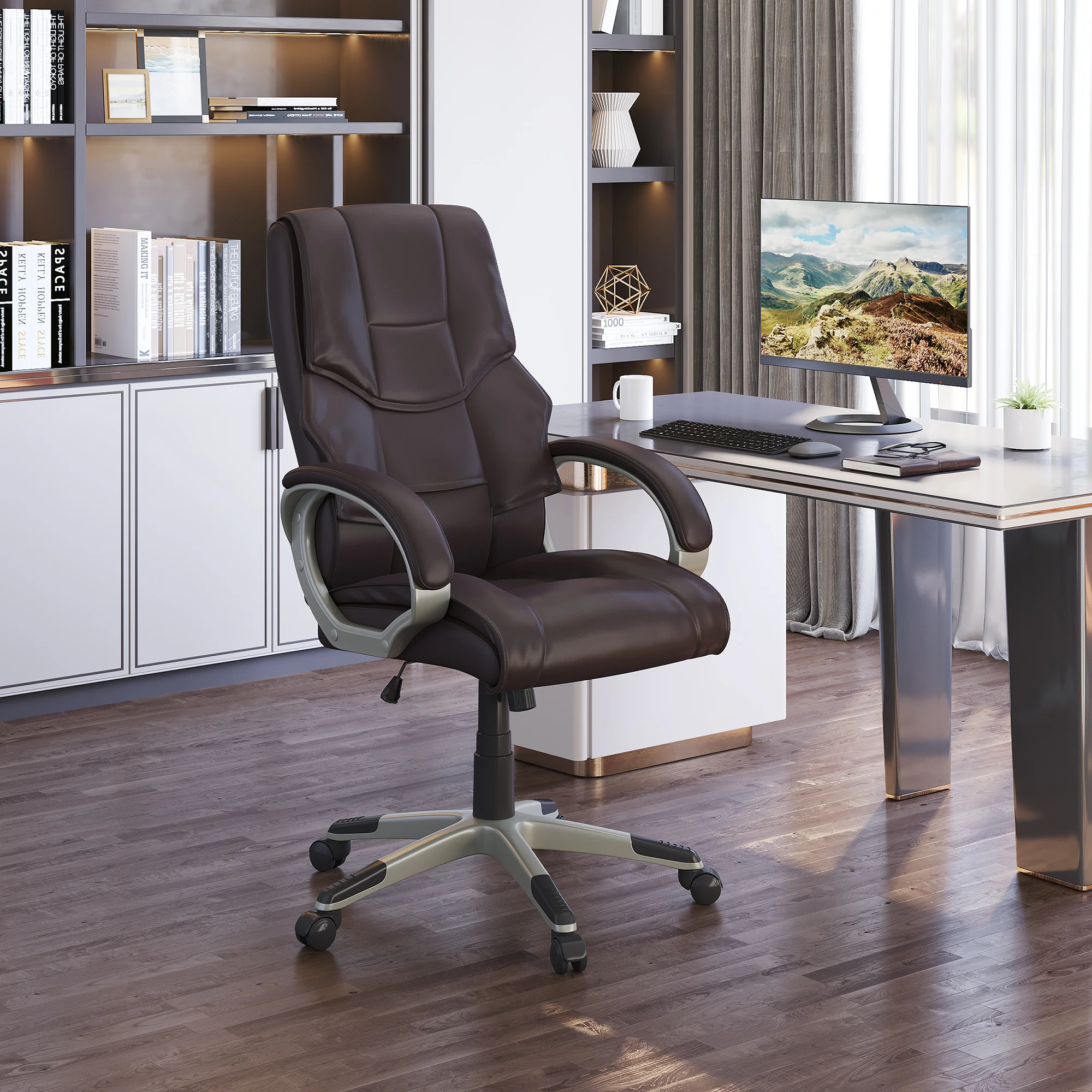 Silla de Oficina con Respaldo Alto, Sillón Giratorio de Cuero Sintético con Altura Ajustable, Marrón