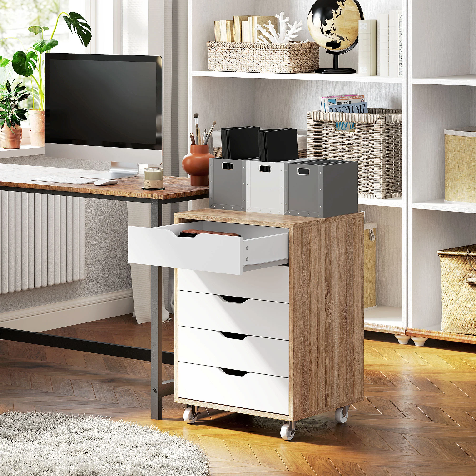 Cajonera Vertical de 5 Cajones, Mueble de Oficina Móvil con Ruedas, Roble