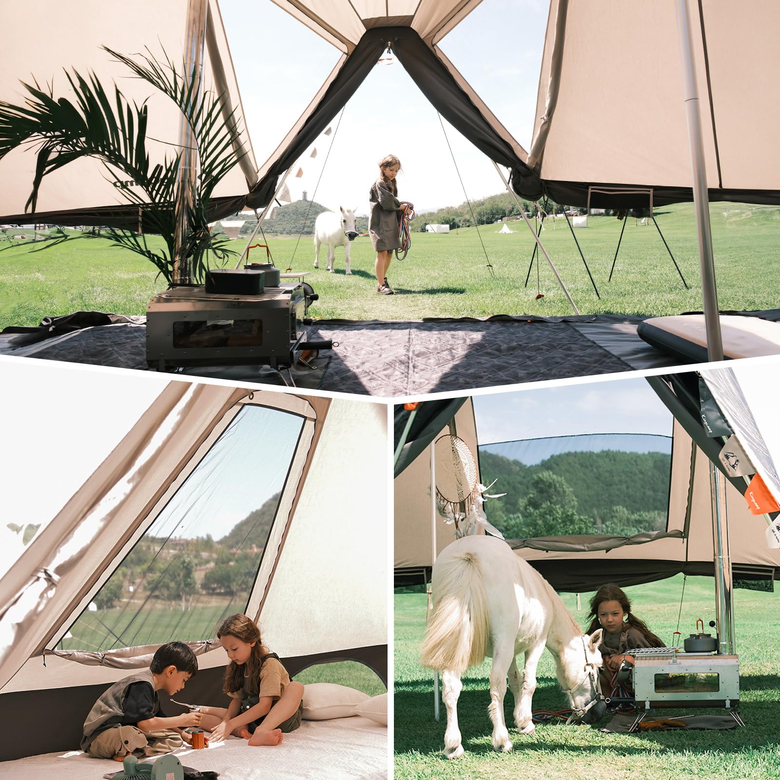 2025 KingCamp Khan Villa – Tienda de grupo glamping de lujo con 240 cm de altura interior, salida para chimenea y paredes laterales de malla para una ventilación óptima