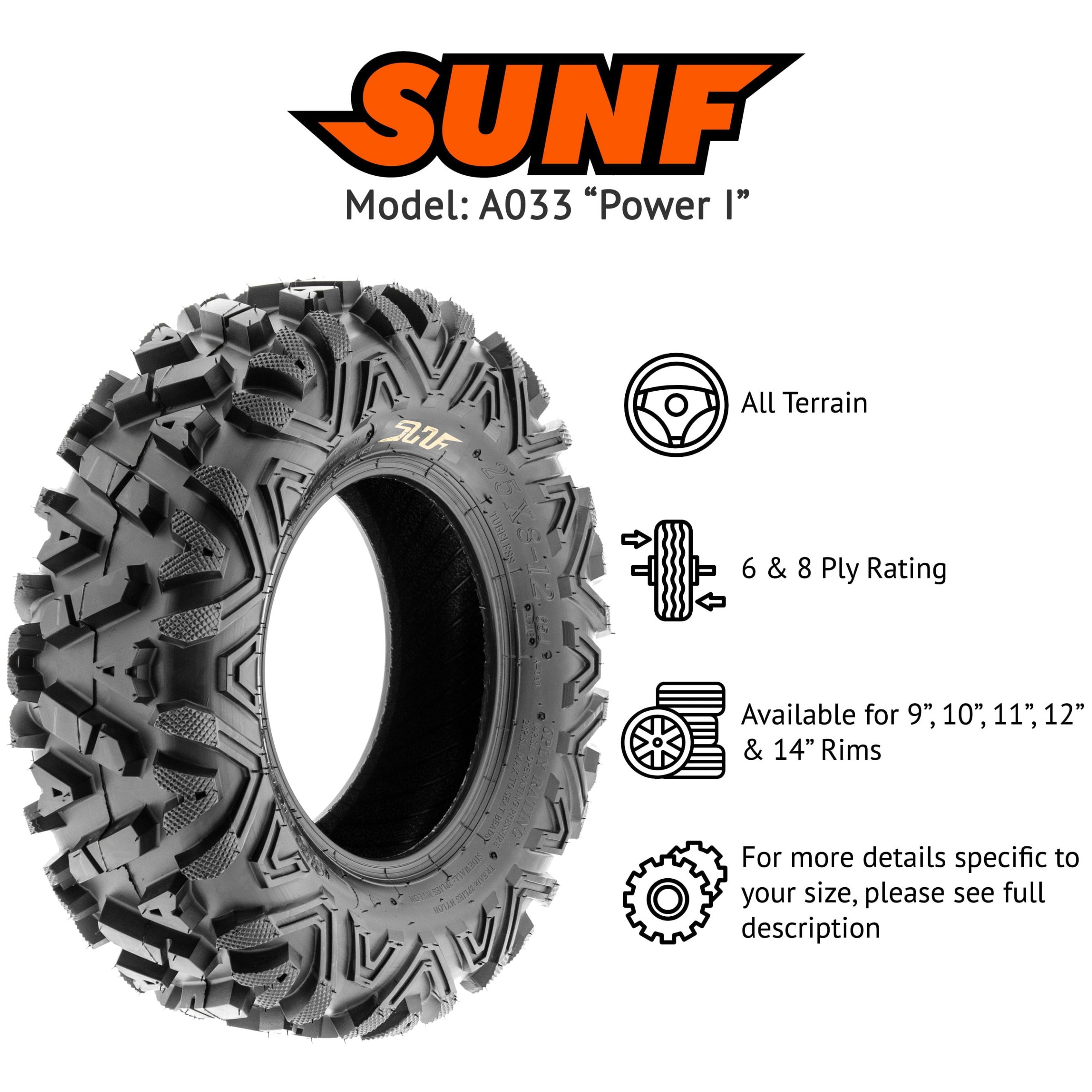 2025 SunF All Terrain ATV/UTV Tires 25×8-12 & 25×10-12 6 PR A033 | Juego Completo de 4 Llantas