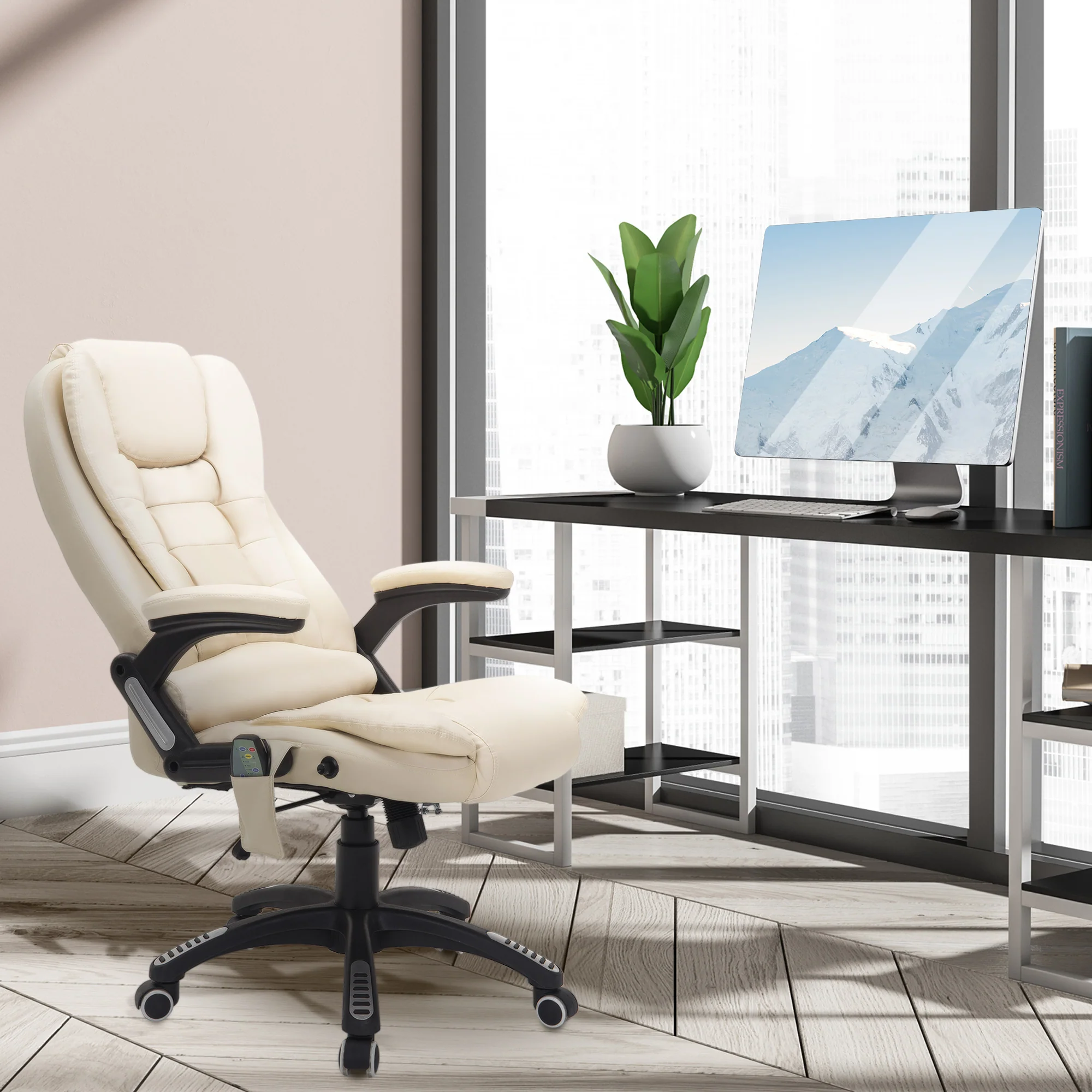 Silla de oficina ejecutiva con masaje y calefacción, sillón de oficina de cuero PU con respaldo alto, beige