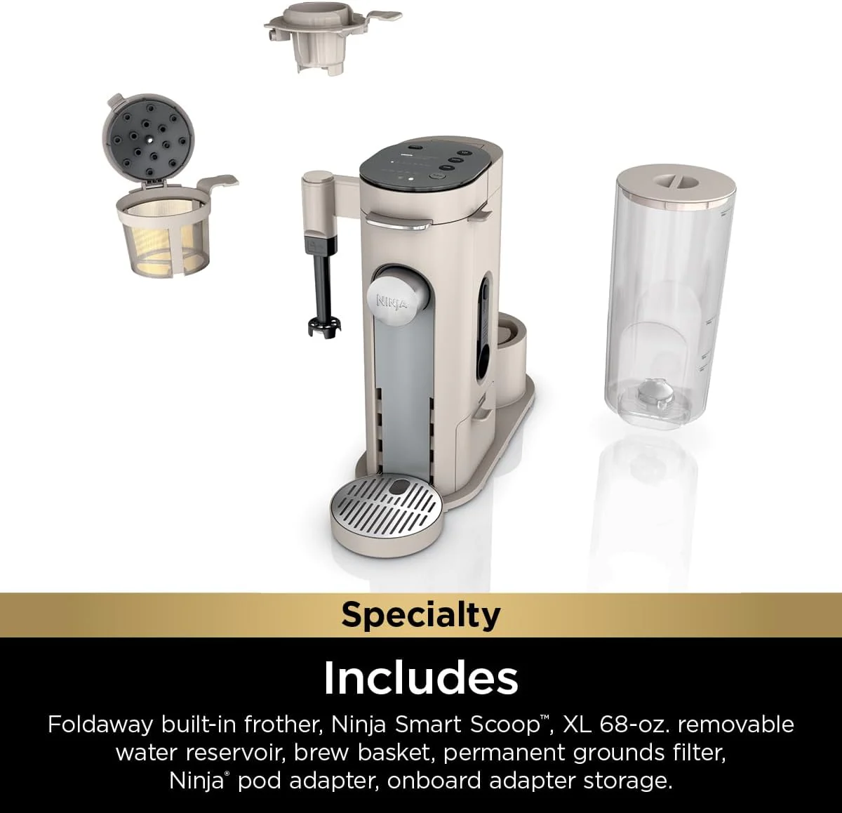 2025 Cafetera de porción individual Ninja Pods & Grounds, compatible con K-Cup, prepara café molido o cápsulas, diseño compacto, depósito de 56 oz, tamaños de taza de 6 oz a 24 oz para viaje, café frío, color piedra, modelo PB041ST